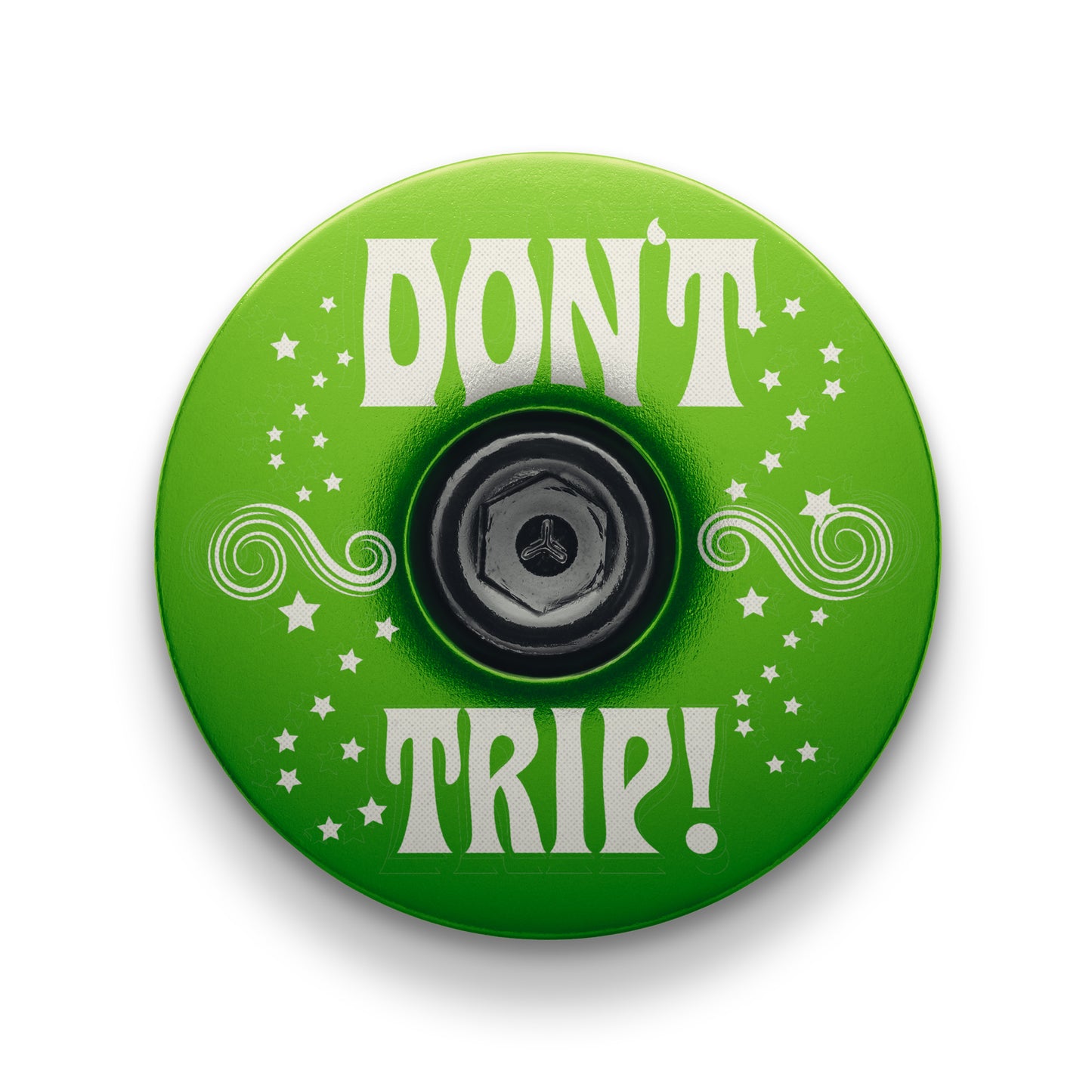 Lime green custom stem cap for a personalized bicycle look.