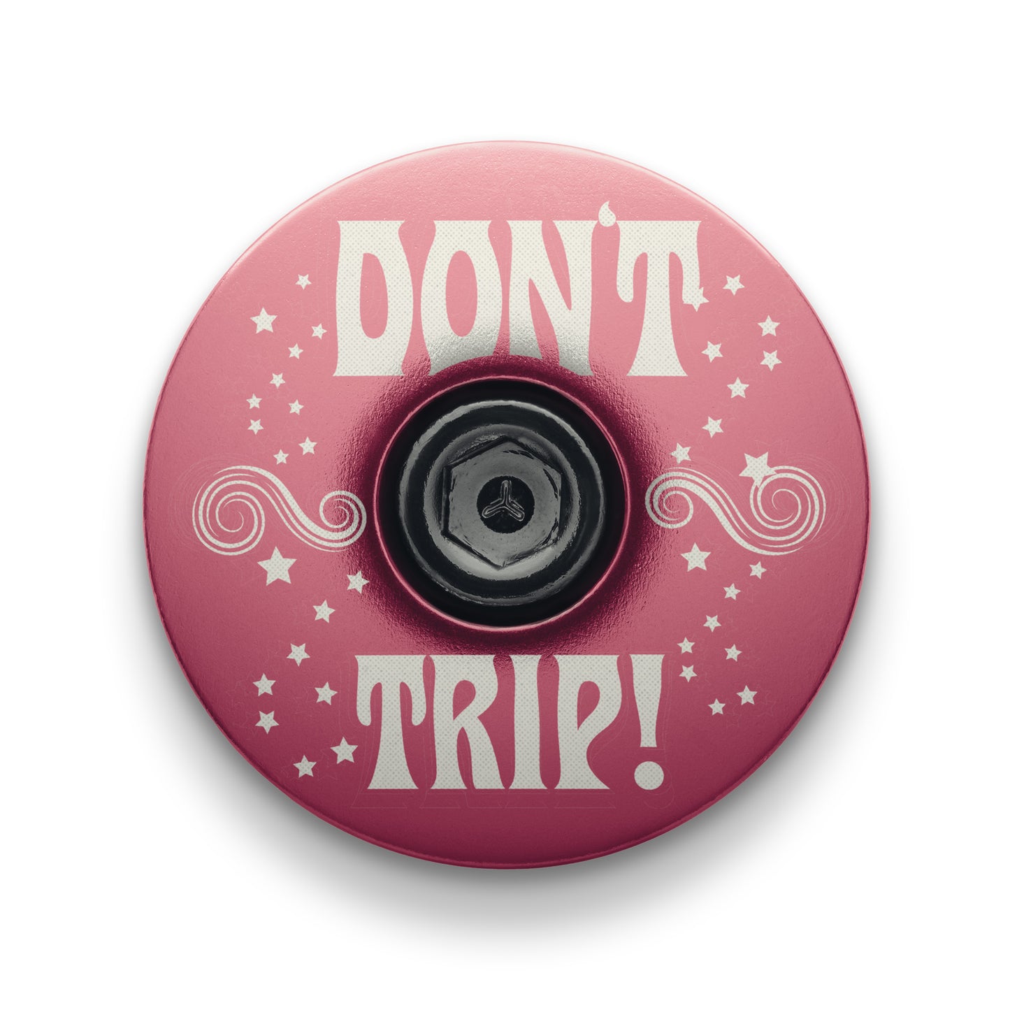 Pink stem top cap for a stylish and custom bicycle accessory.