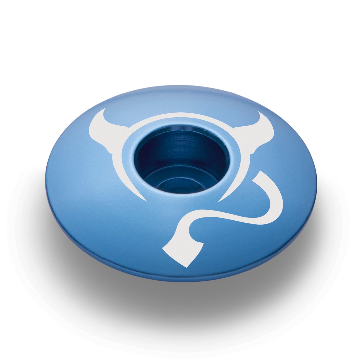 Light blue top cap made from 6061 aluminum fits 1 1/8" steerer tubes for a custom bike setup.