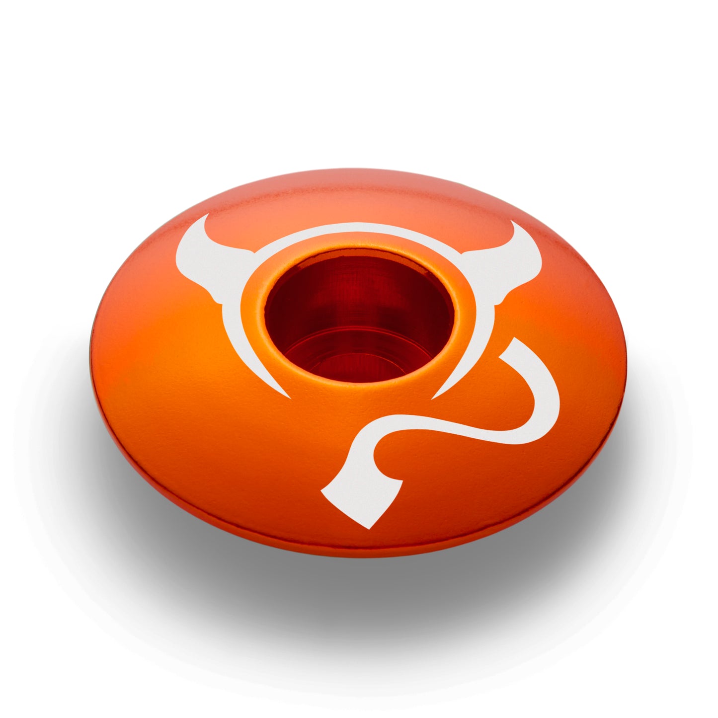 Orange headset cap designed for 1 1/8" steerer tubes crafted from strong 6061 aluminum.