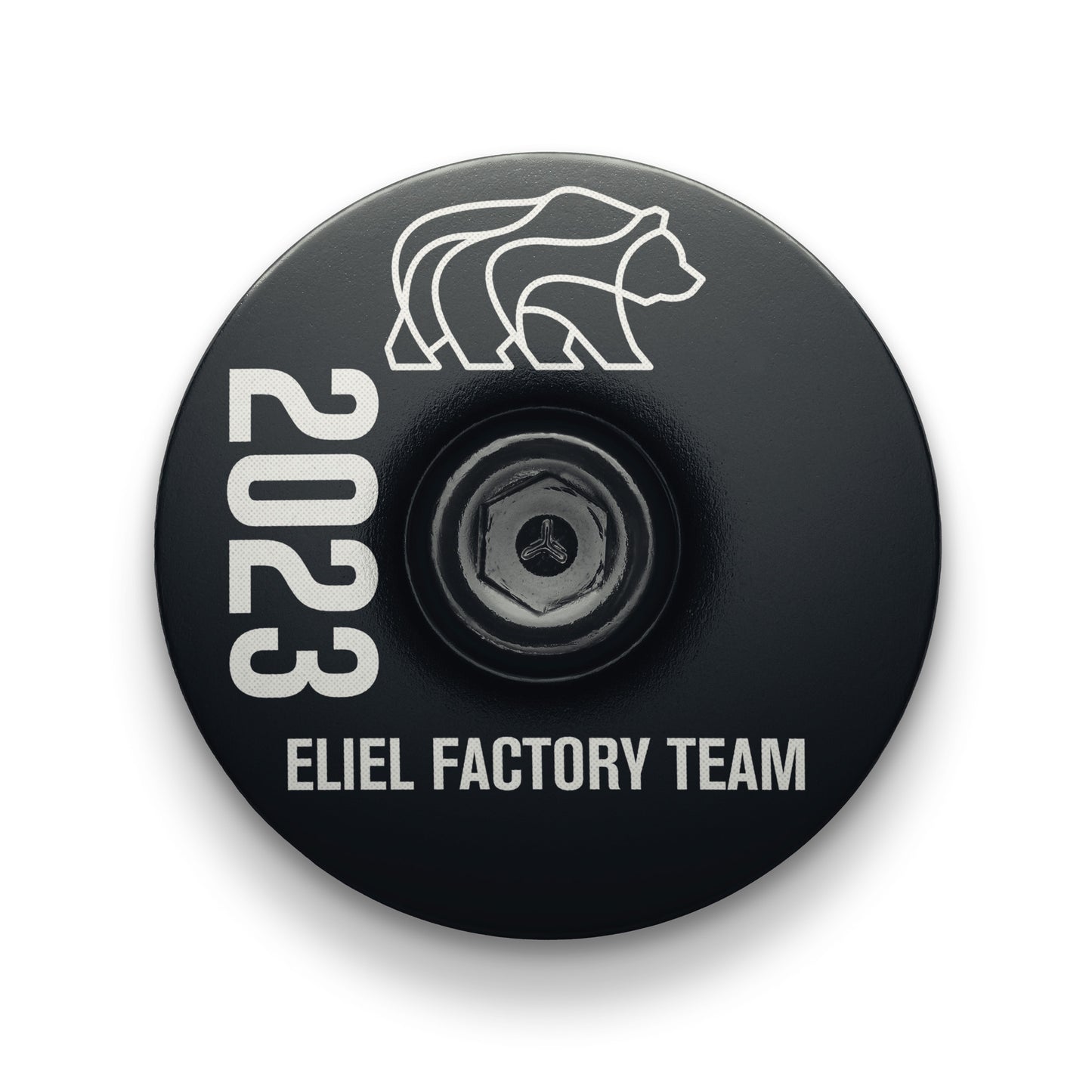 Custom black bicycle headset cap designed for 2023 Eliel Cycling EFT with 1 1/8" fit.