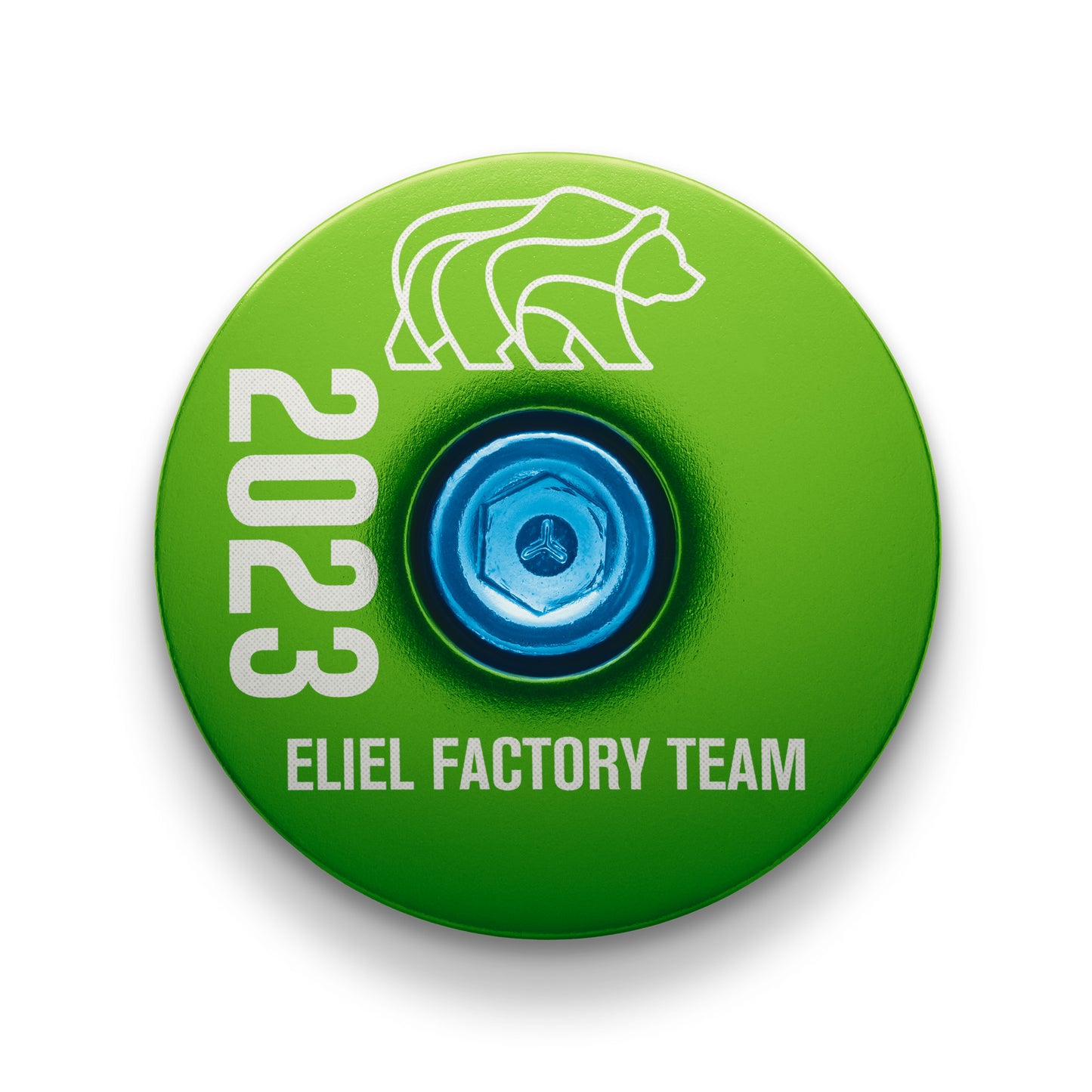 The lime green top cap for the 2023 Eliel EFT bike offers quick personalization and style.