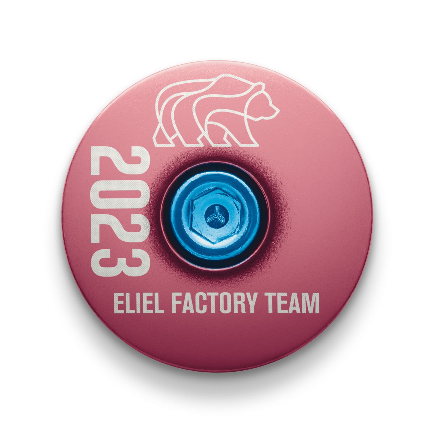 Custom pink stem top cap designed for 2023 Eliel Cycling EFT bike with easy replacement.