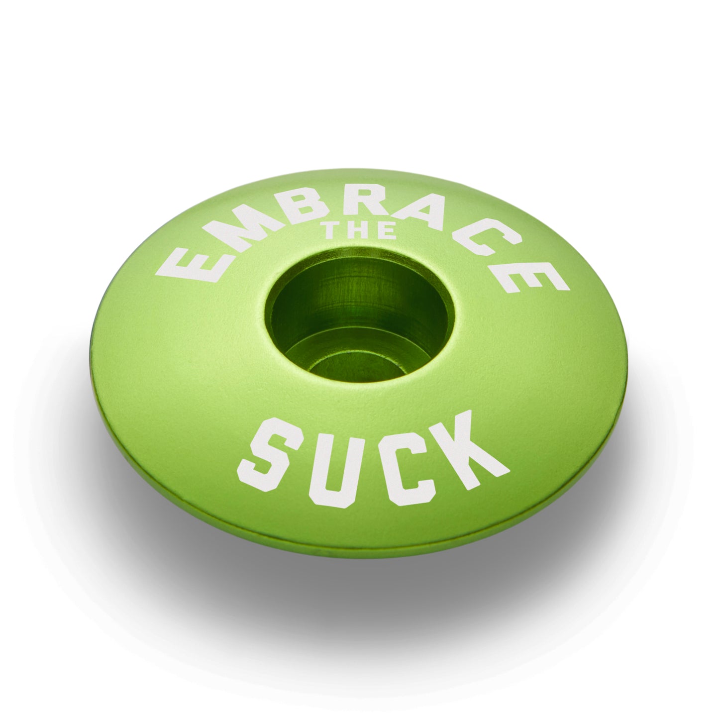 Lime green bicycle stem cap that fits standard 1 1/8" steerer tubes for bike customization.