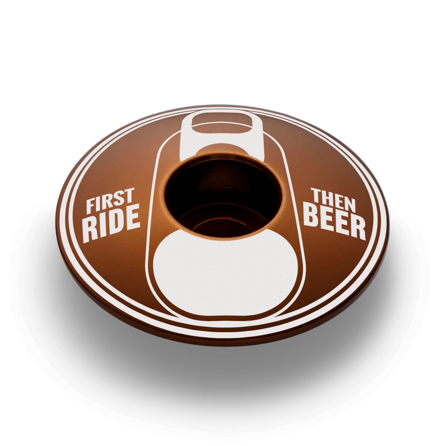 Brown bicycle stem cap with "First Ride Then Beer"