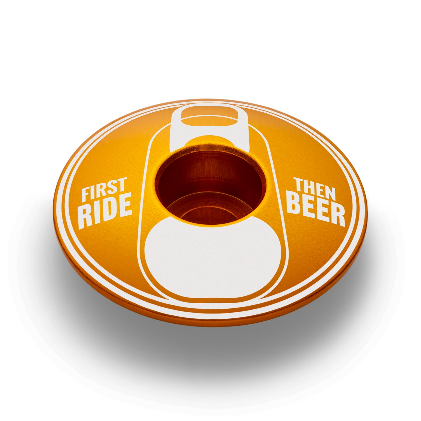 Gold custom bicycle accessory with "First Ride Then Beer" design