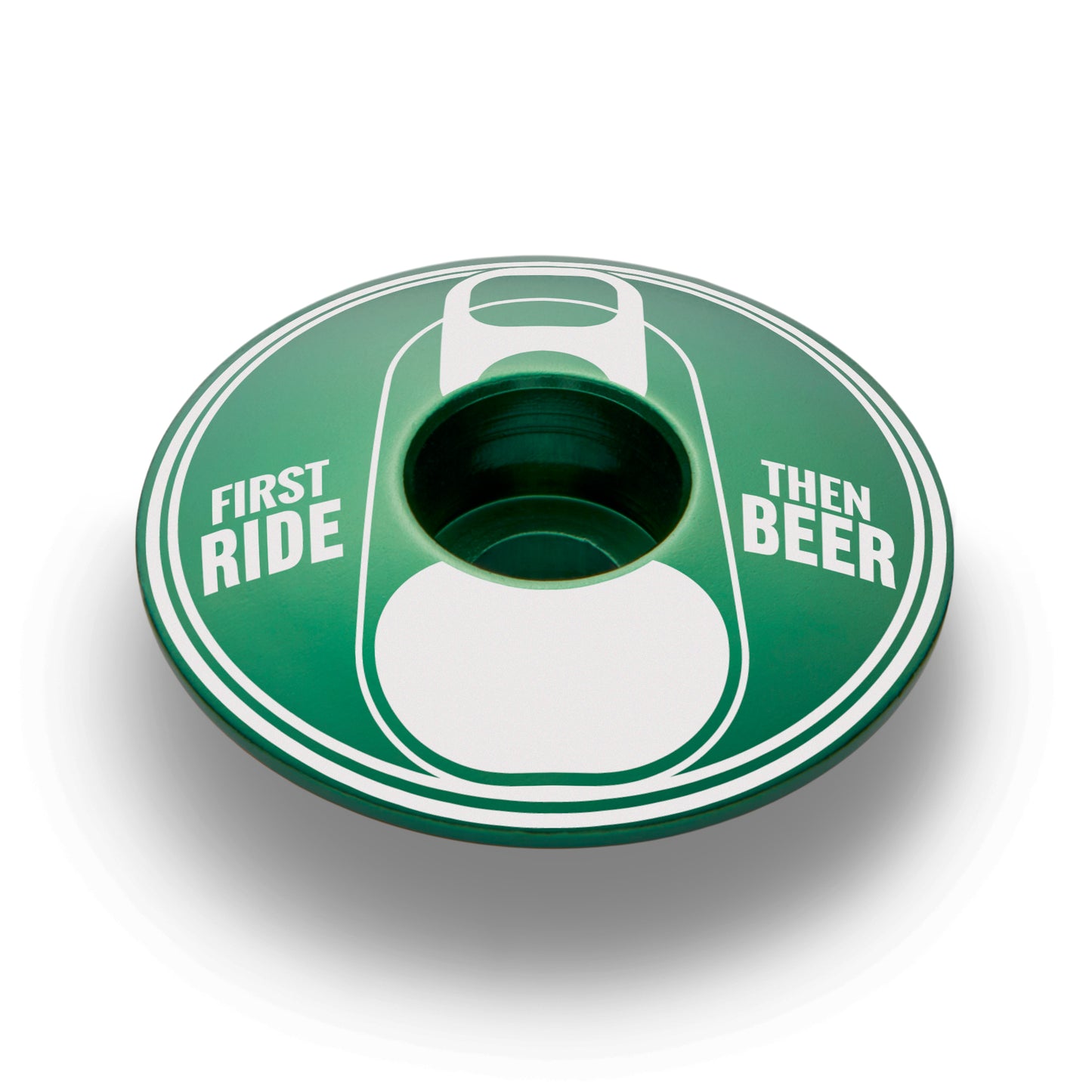 Dark green bike headset top cap with "First Ride Then Beer" design