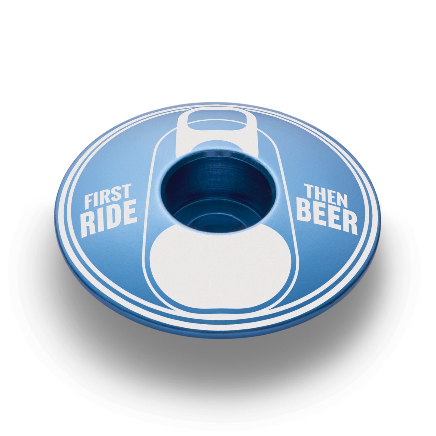 Blue bike top cap with "First Ride Then Beer" text