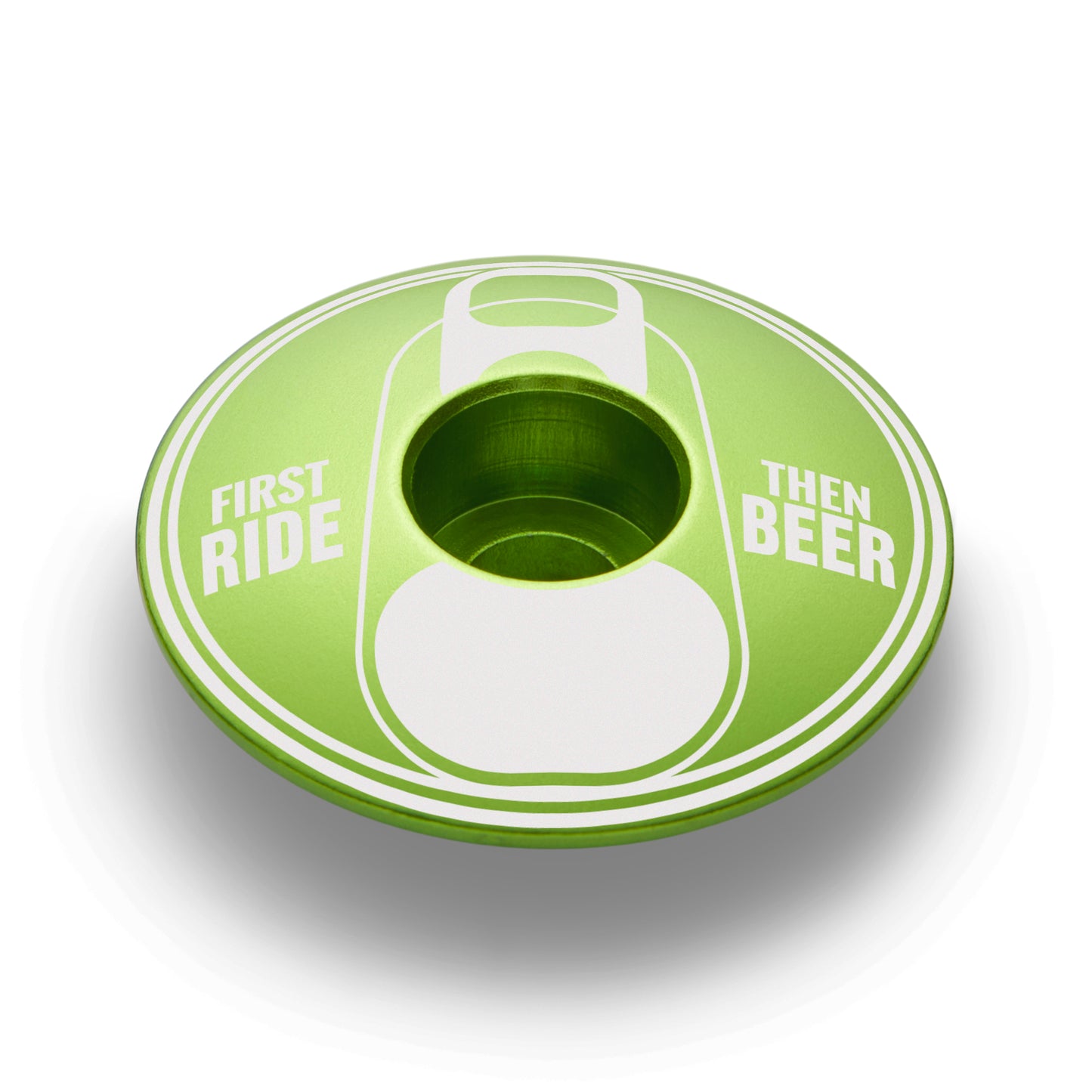 Lime green cycling top cap with "First Ride Then Beer" text