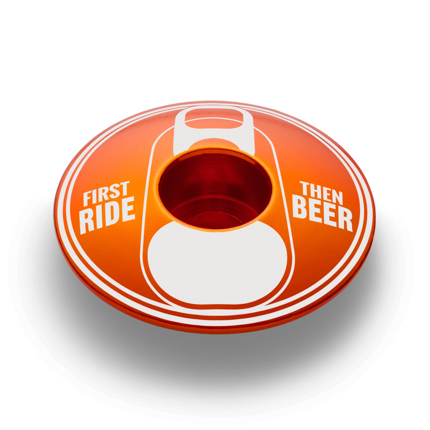 Orange custom stem cap with "First Ride Then Beer" design for bikes