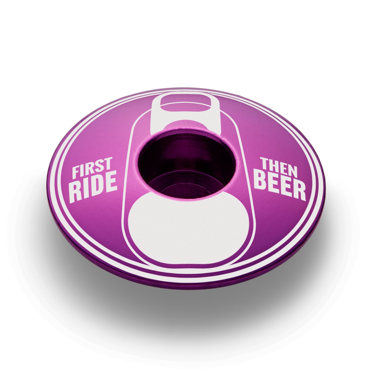 Purple bike headset top cover with "First Ride Then Beer" text