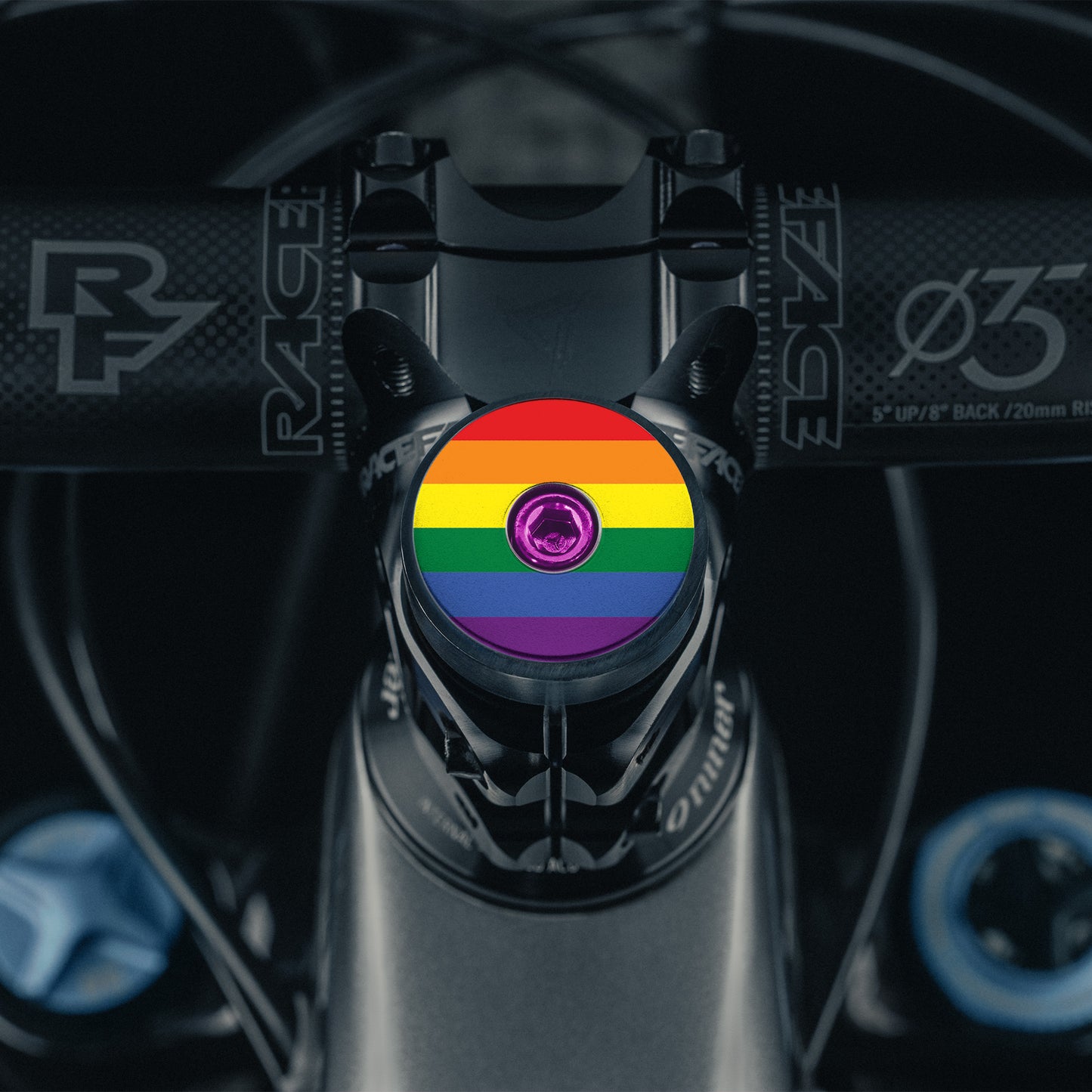 Rainbow Pride Flag bicycle headset cap with UV-printed pride flag pattern for 1 1/8-inch steerer tubes.
