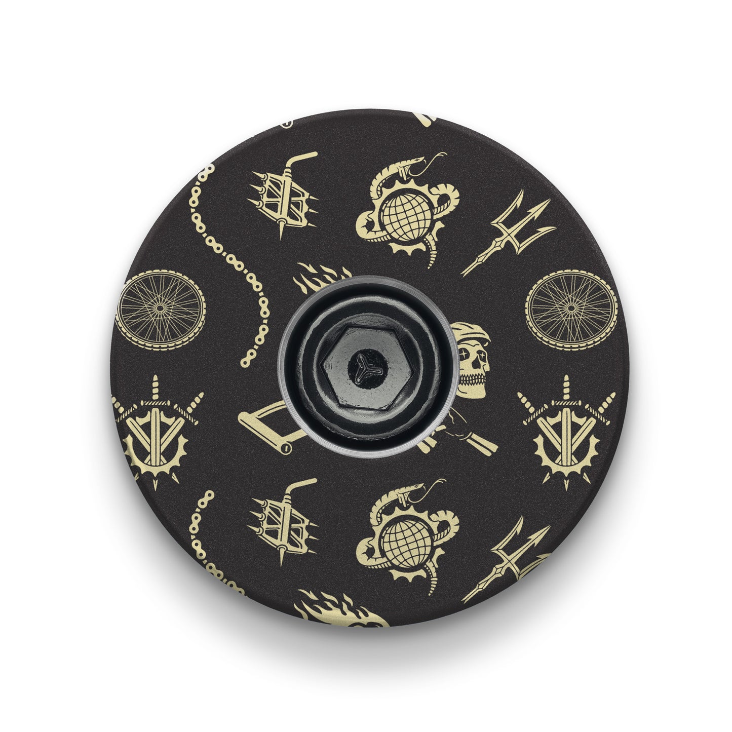 custom bike headset stem top cap with UV-printed Dispatch Cycling Life Pattern for 1 1/8-inch steerer tubes