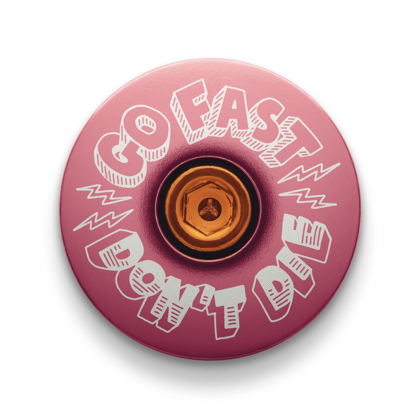 Pink stem top cap displaying the Go Fast Don’t Die mantra for adventurous riders.