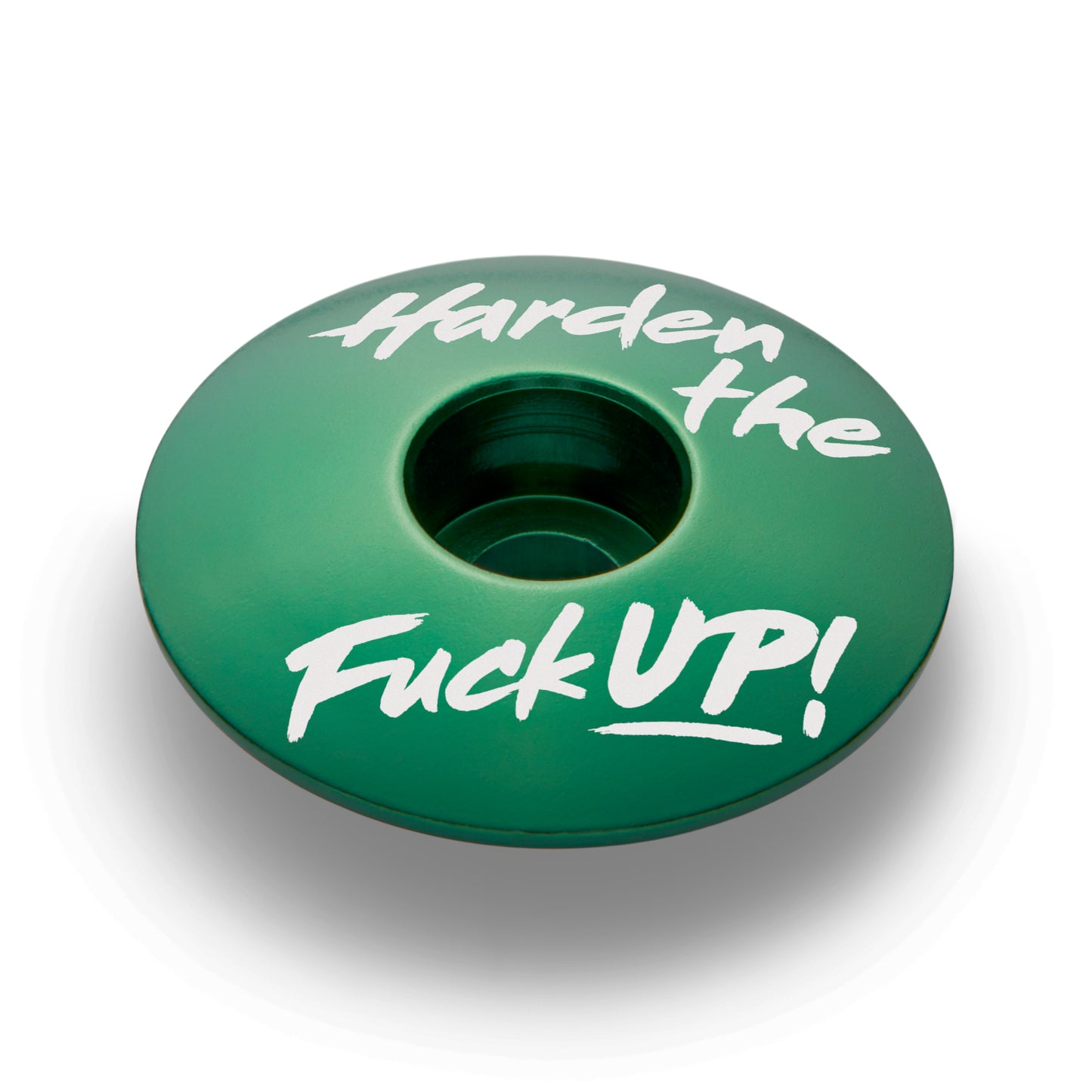 Dark green custom bicycle stem cap compatible with 1 1/8-inch steerer tubes.