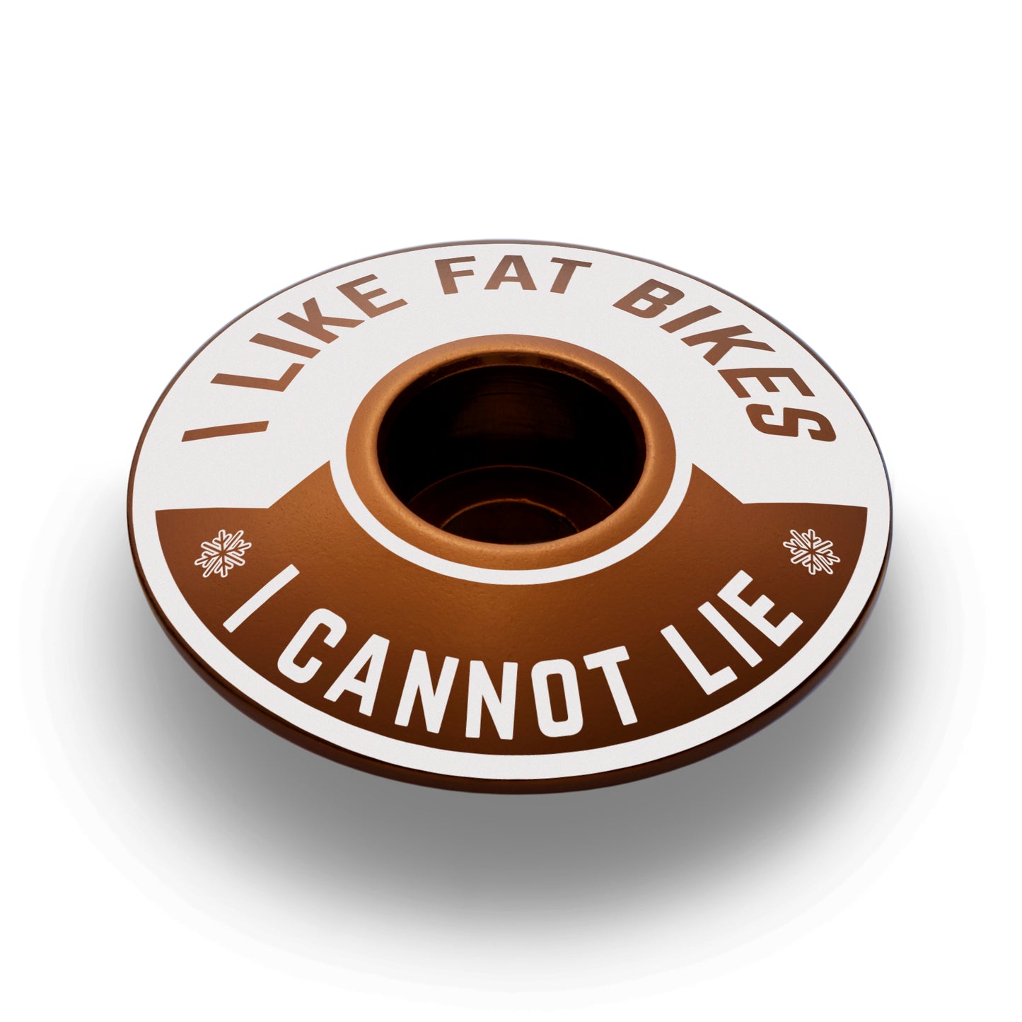 Brown custom bike stem cap with "I Like Fat Bikes" design perfect for unique bicycle builds.