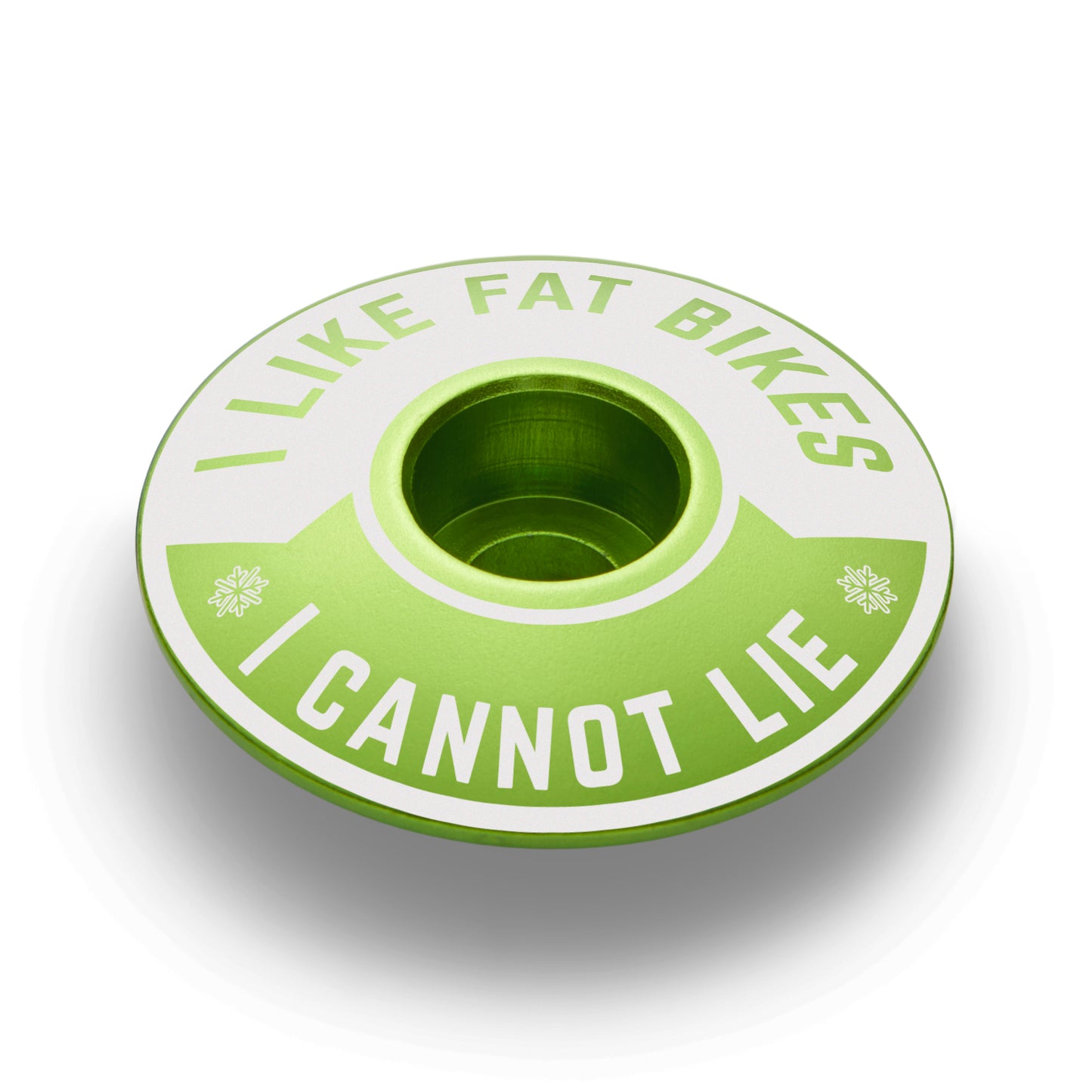 Lime green top cap with "I Like Fat Bikes" design compatible with 1 1/8" steerer tubes.