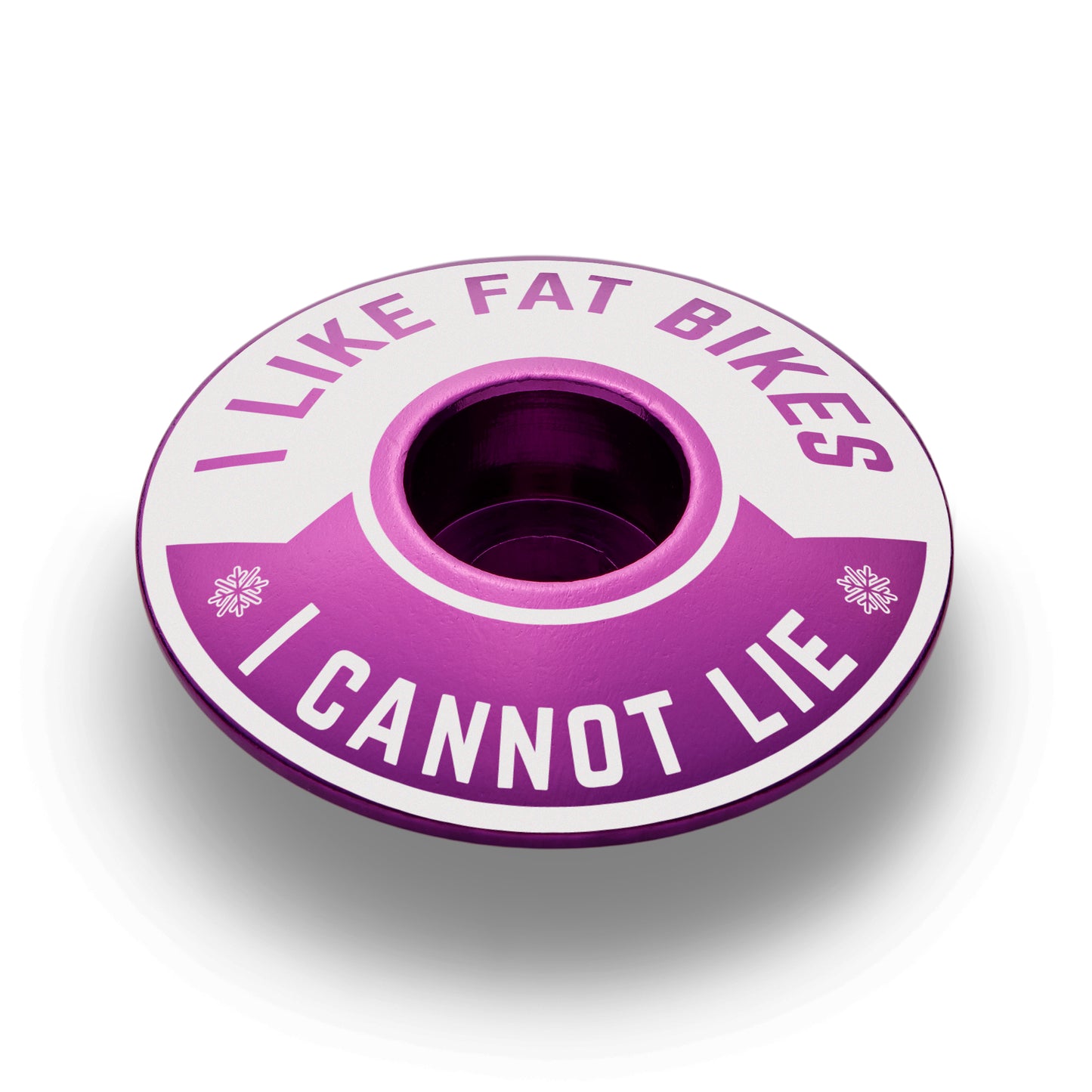 Purple bike top cap with "I Like Fat Bikes" design lightweight and strong for cycling setups.