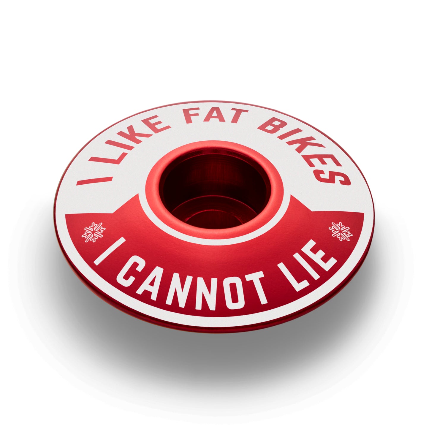 Red bike headset cap with "I Like Fat Bikes" design lightweight and durable for custom setups.