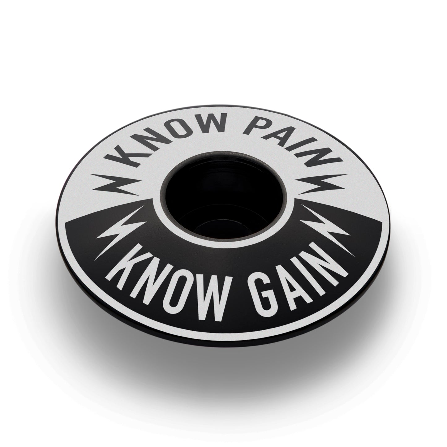 Know Pain Know Gain bike headset cap in black with a strong design for cyclists pushing limits.