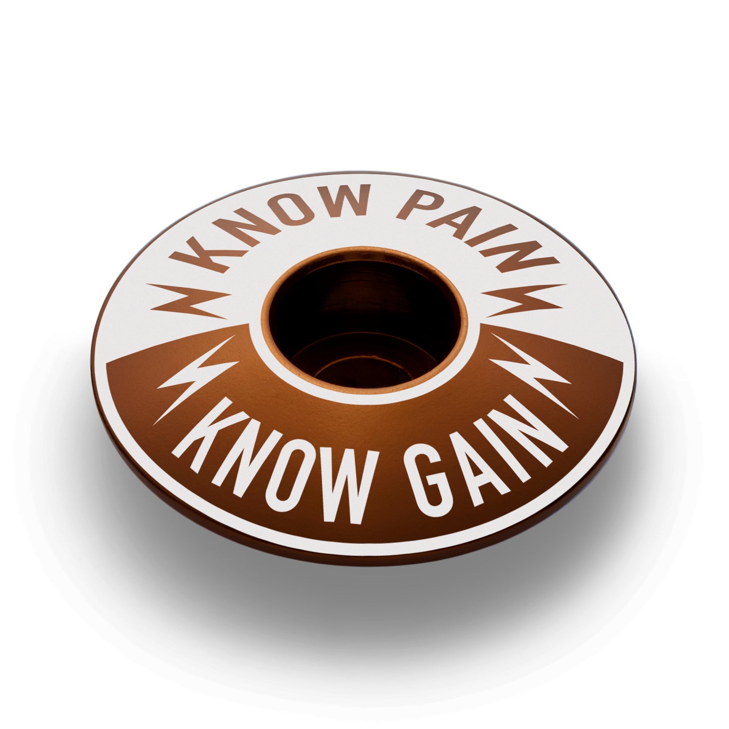 Brown Know Pain Know Gain headset cap, perfect for riders who value strength in their bike components.