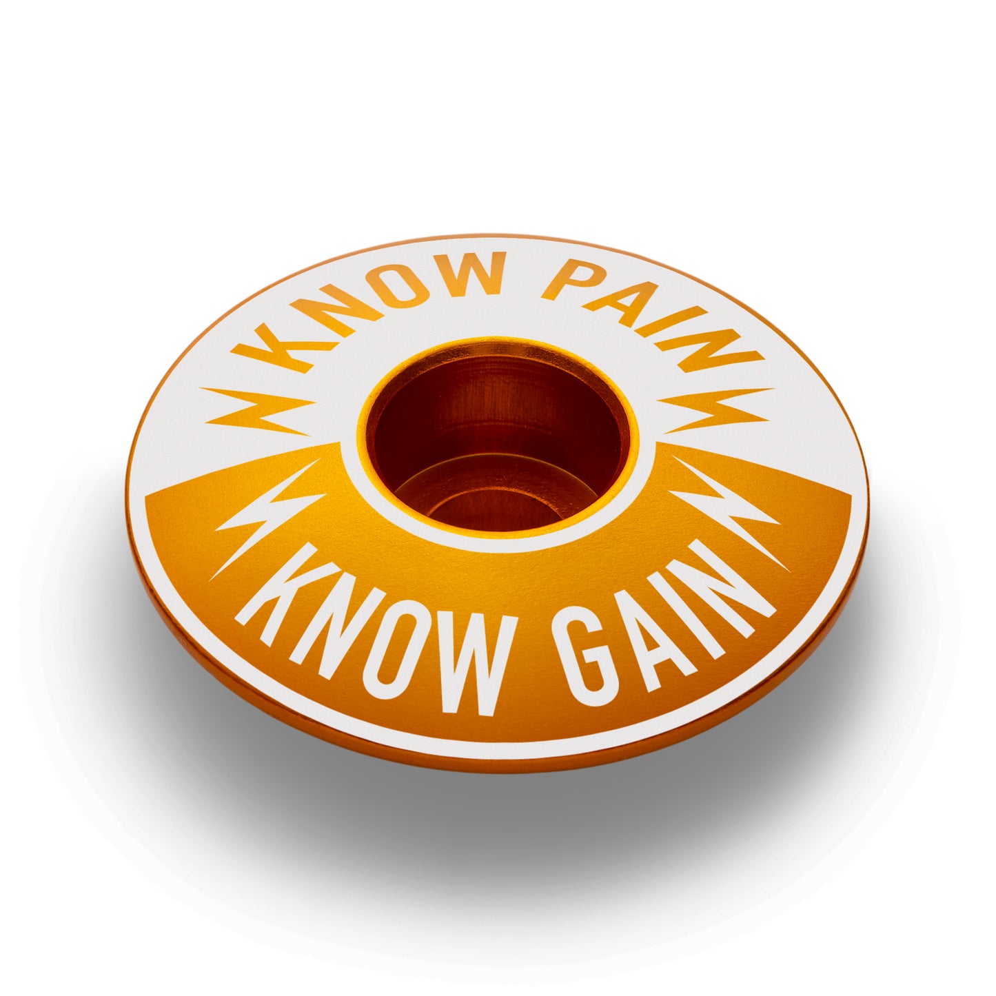 Gold Know Pain Know Gain bike headset top cover, made to fit 1 1/8" steerer tubes.