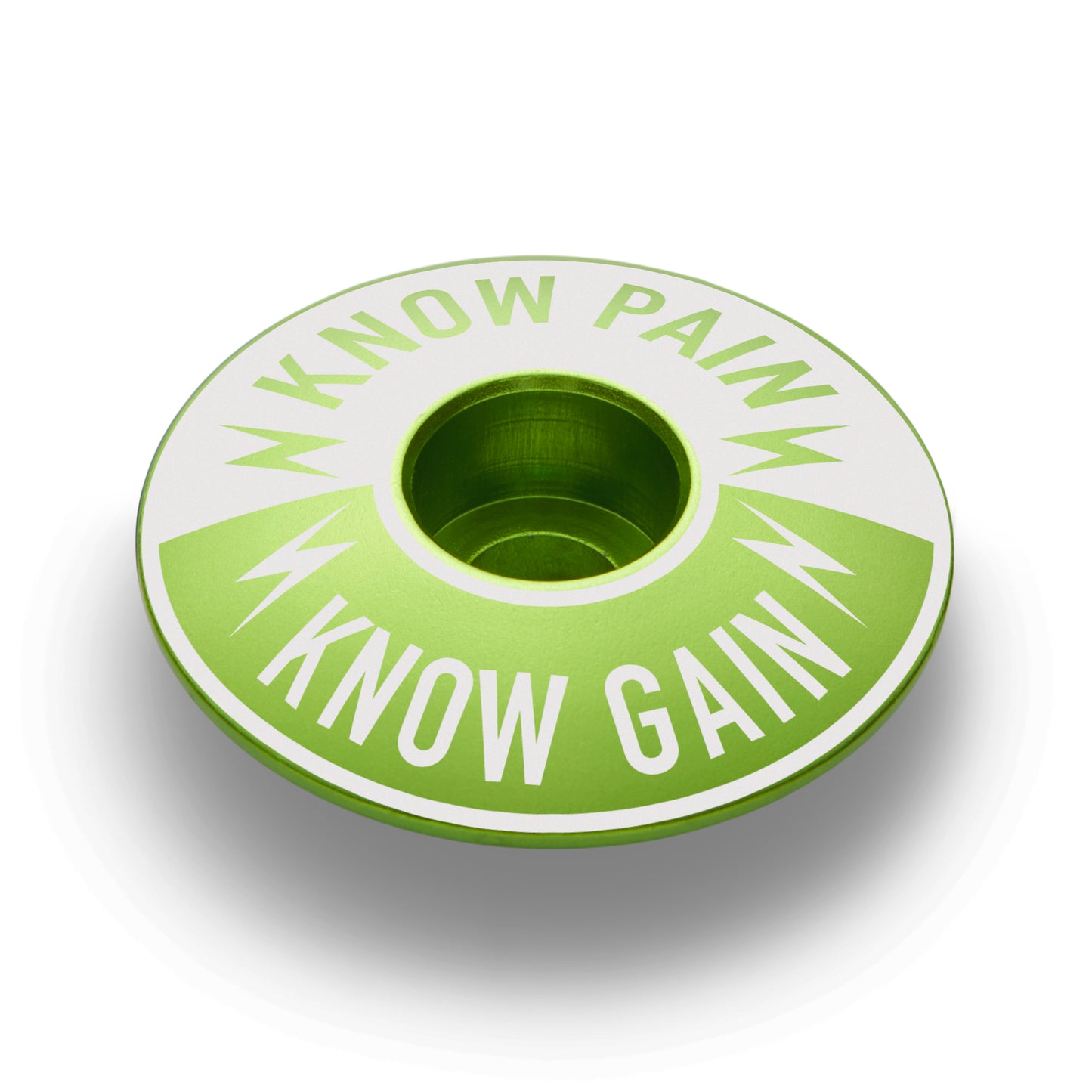Lime green Know Pain Know Gain headset cap, designed for riders seeking strength and performance.