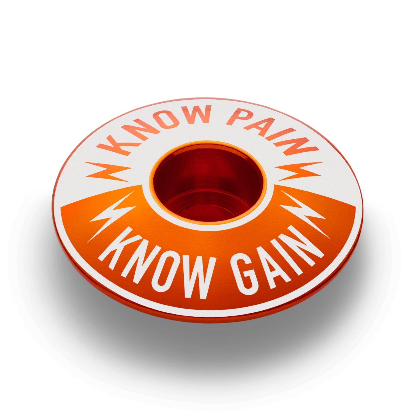 Orange Know Pain Know Gain stem cap made from lightweight 6061 aluminum for long lasting use.