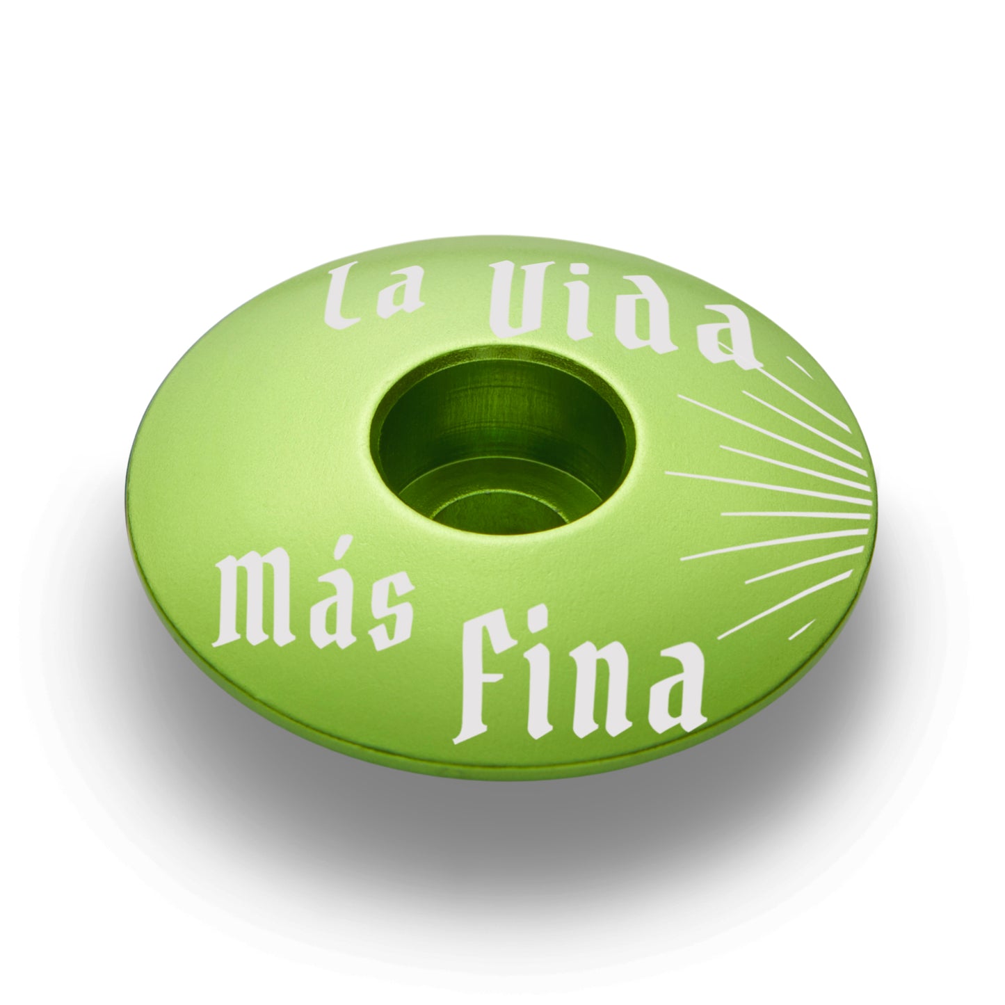 Lime green headset top cap to complement bike components.