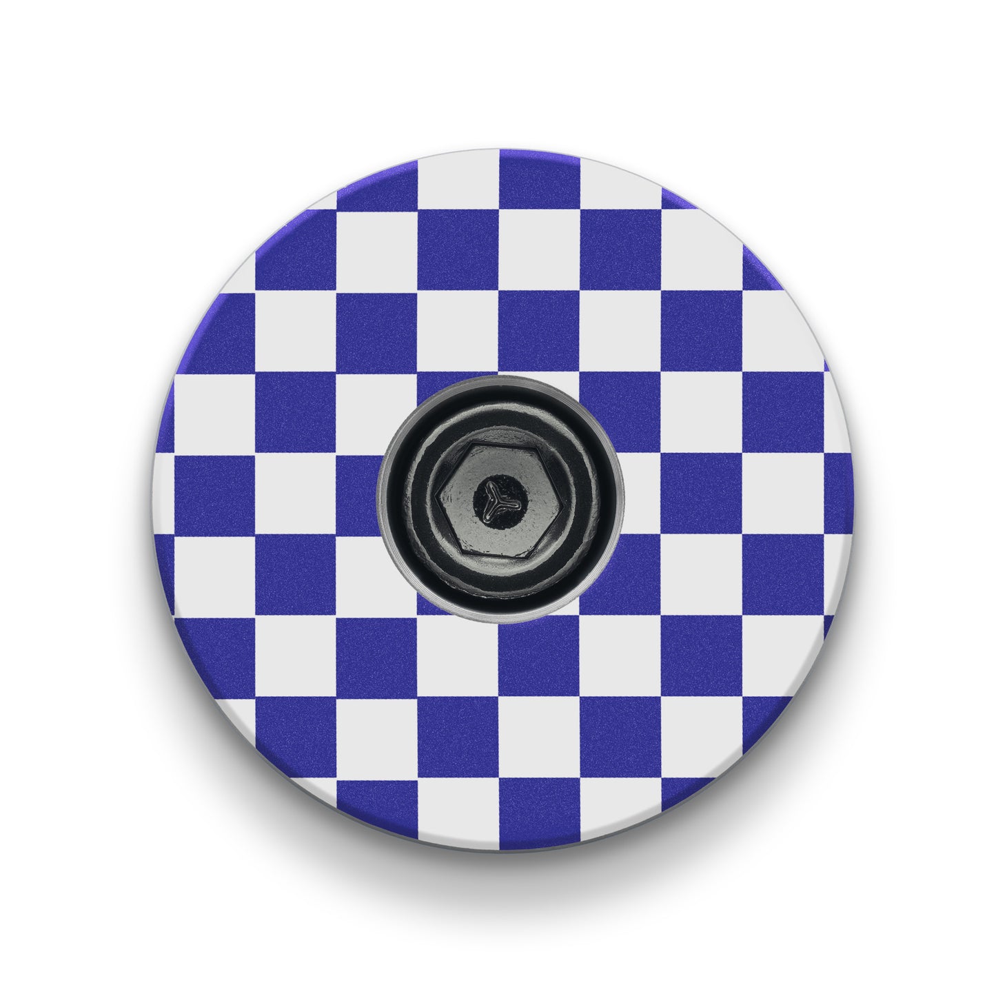 Navy bike stem cap featuring a durable checkerboard design for custom bicycle accessories