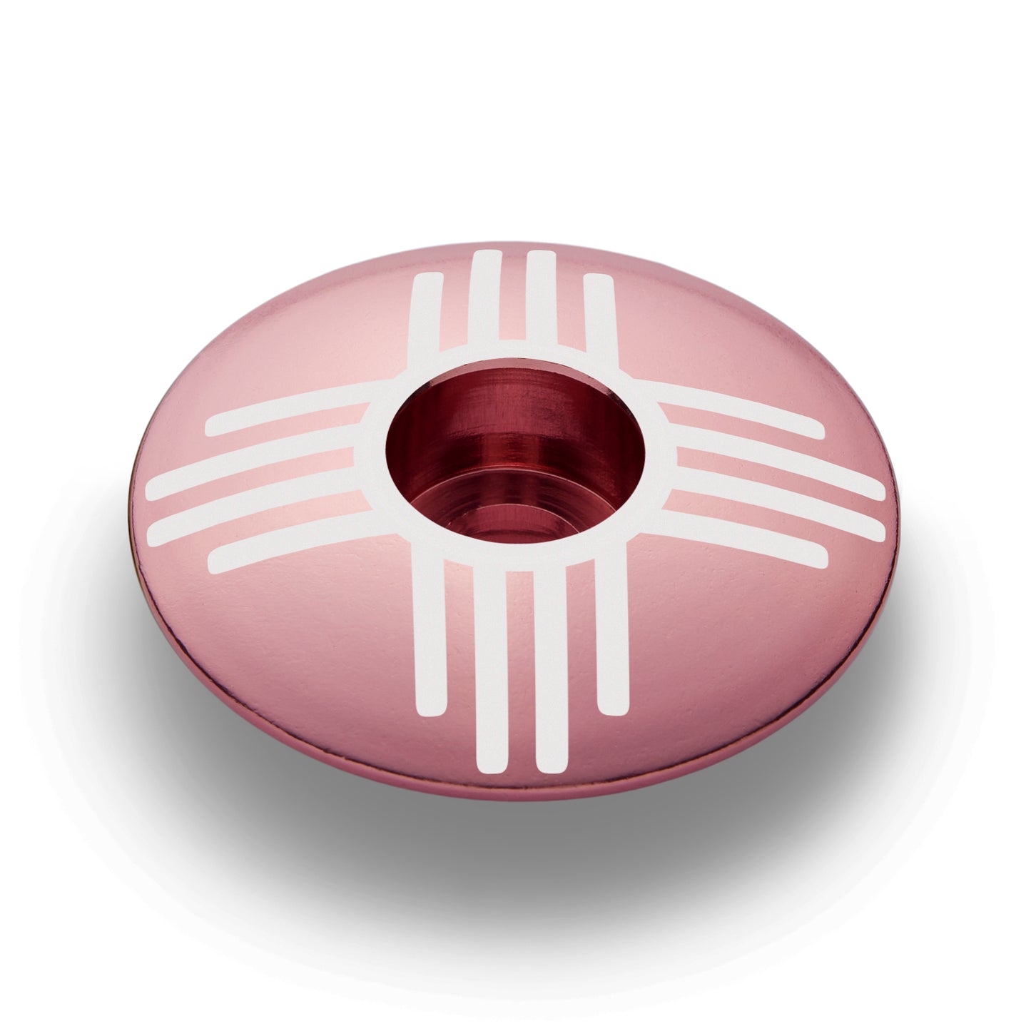 Pink stem cap with Zia symbol, personalized headset cap for your bike customization.