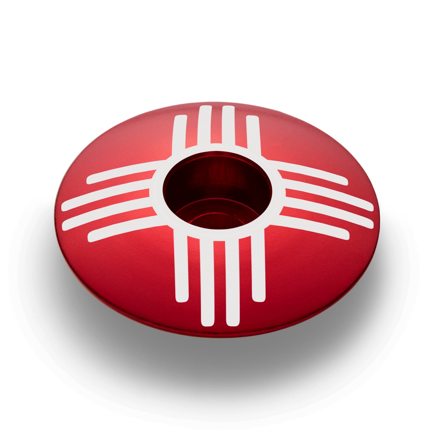 Red headset cap with Zia symbol, personalized bike stem cap for your custom bike look.