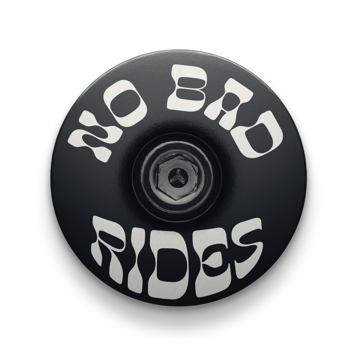 Black bicycle headset cap with 'No Bad Rides' design for mountain and road bikes