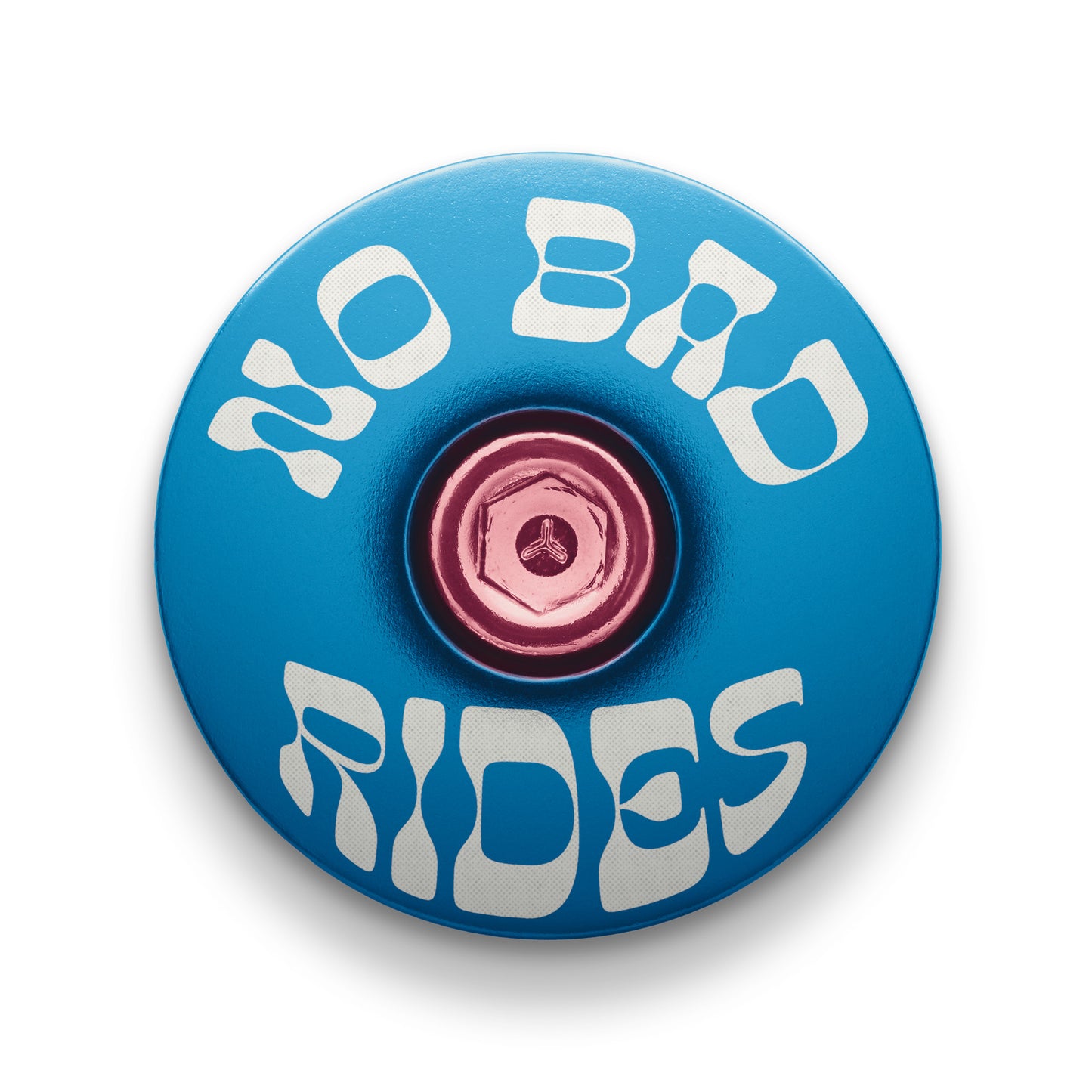 Blue bike stem cap with 'No Bad Rides' design for 1 1/8-inch steerer tubes