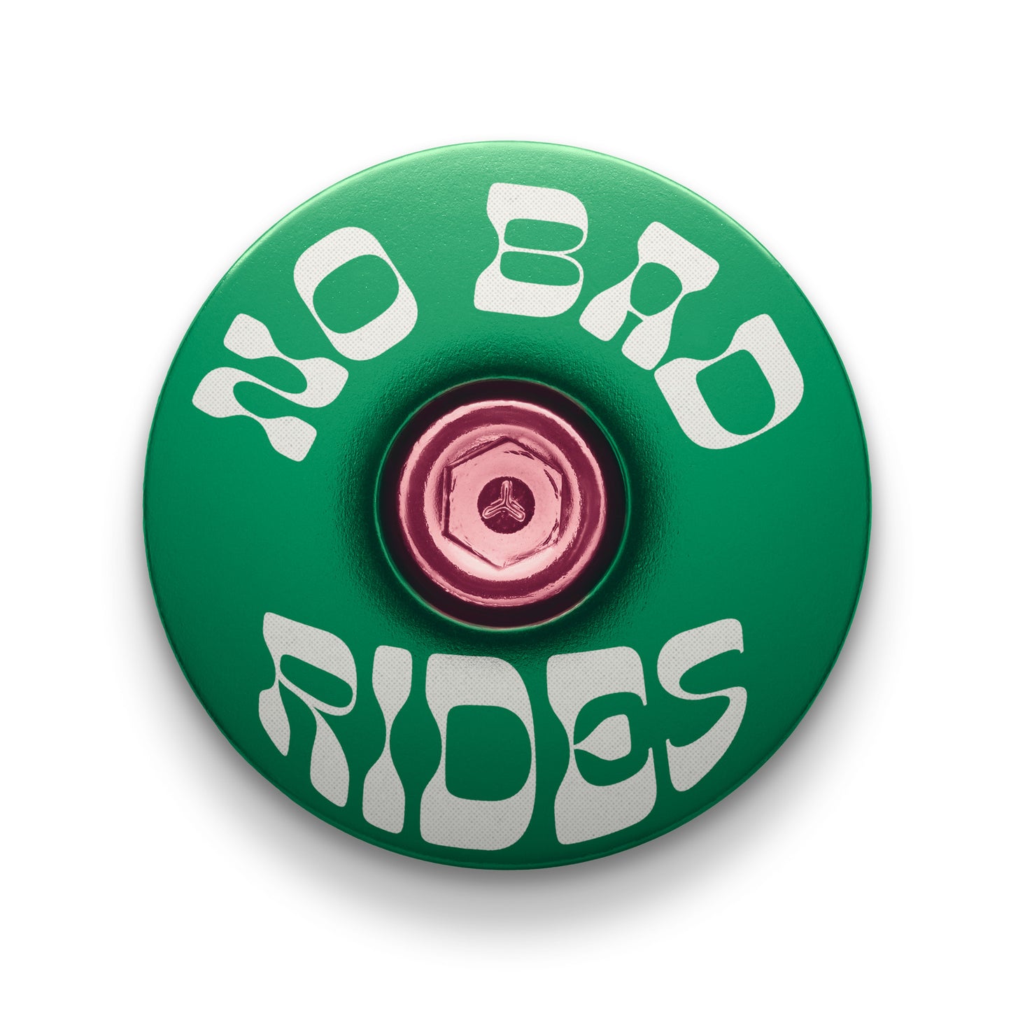 Dark green bicycle stem cap featuring the 'No Bad Rides' design for cyclists
