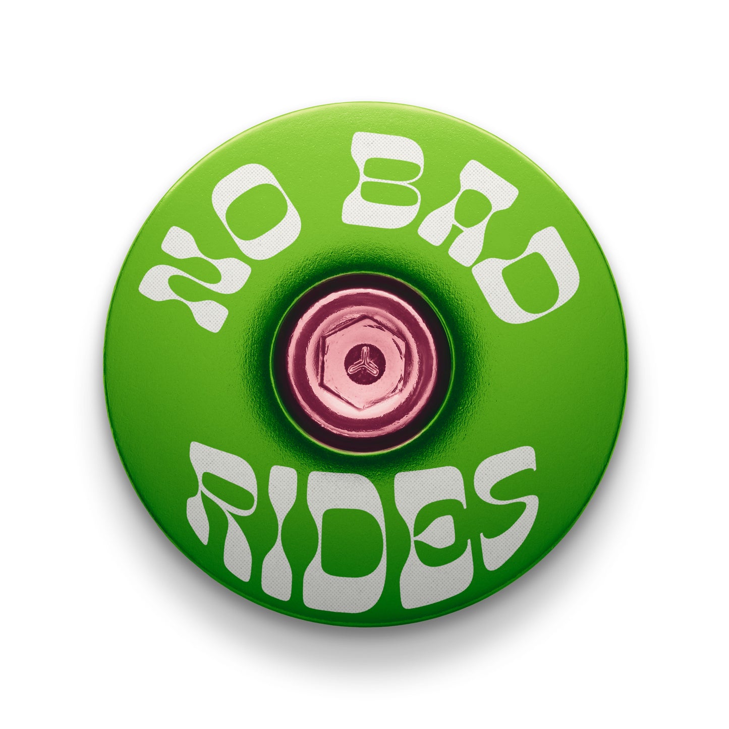 Lime green custom bike top cap displaying 'No Bad Rides' for road and mountain bikes.