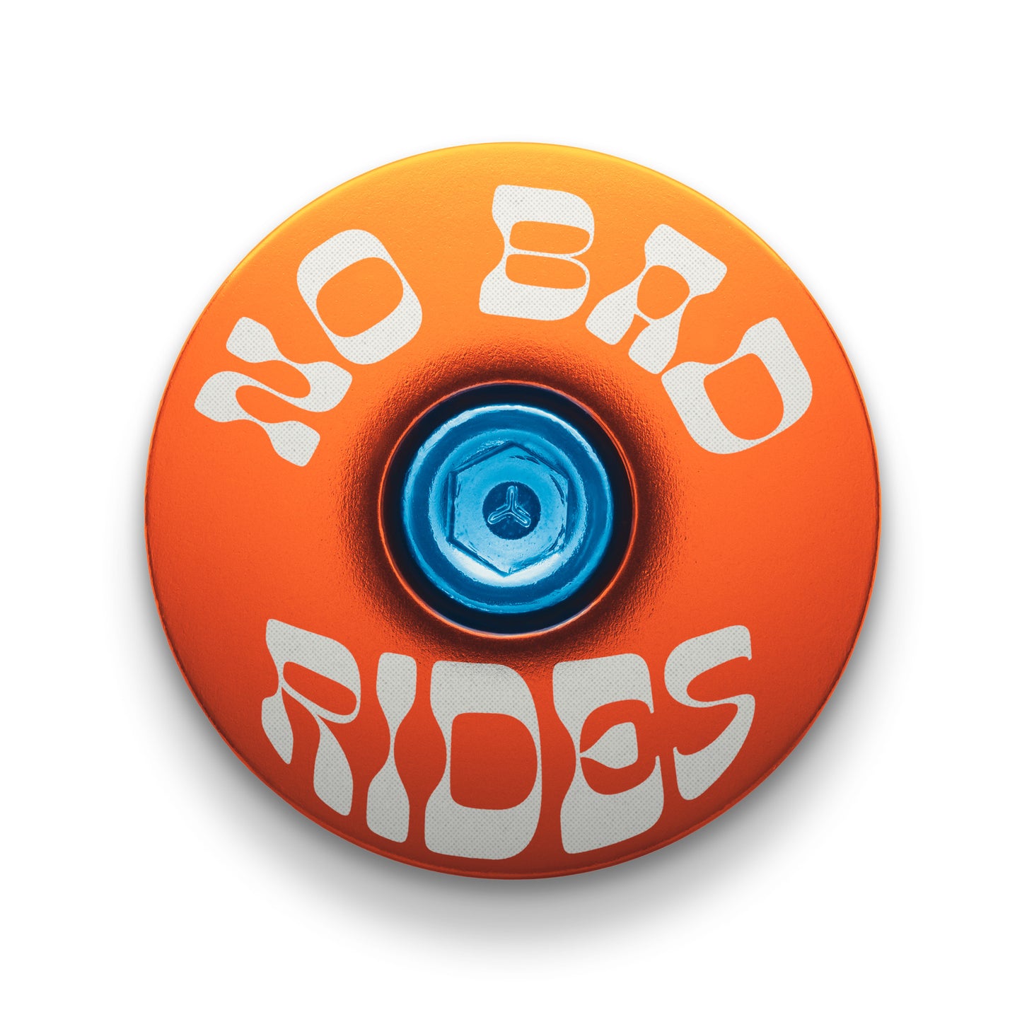 Orange bike headset cap showcasing 'No Bad Rides' for commuters and road bikes.