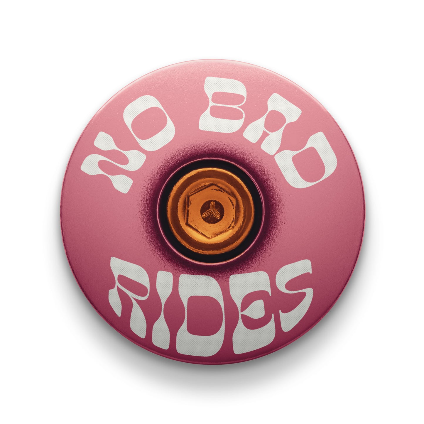 Pink stem top cap with 'No Bad Rides' message for cycling enthusiasts.