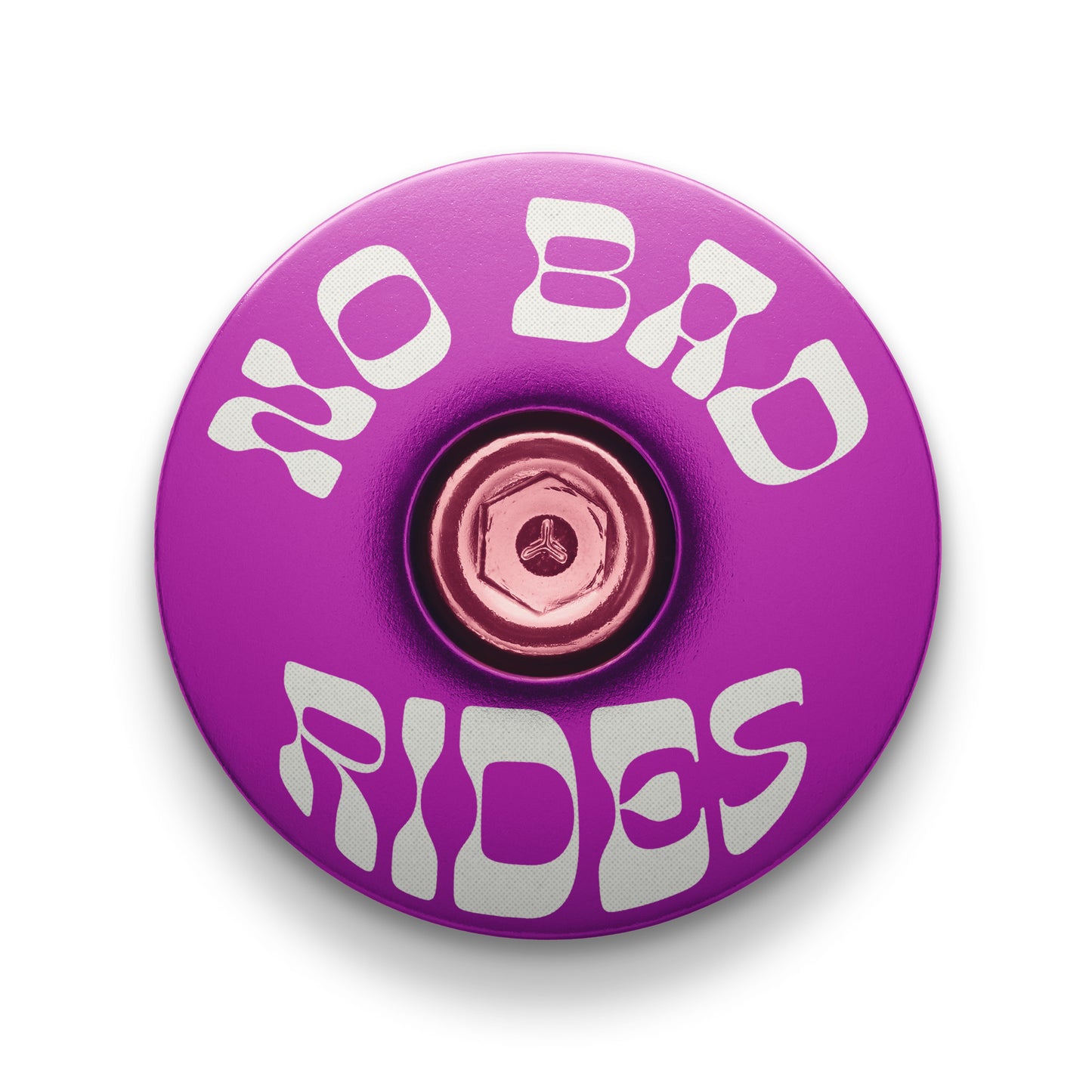 Purple bike stem cap designed with the 'No Bad Rides' message for mountain bikes