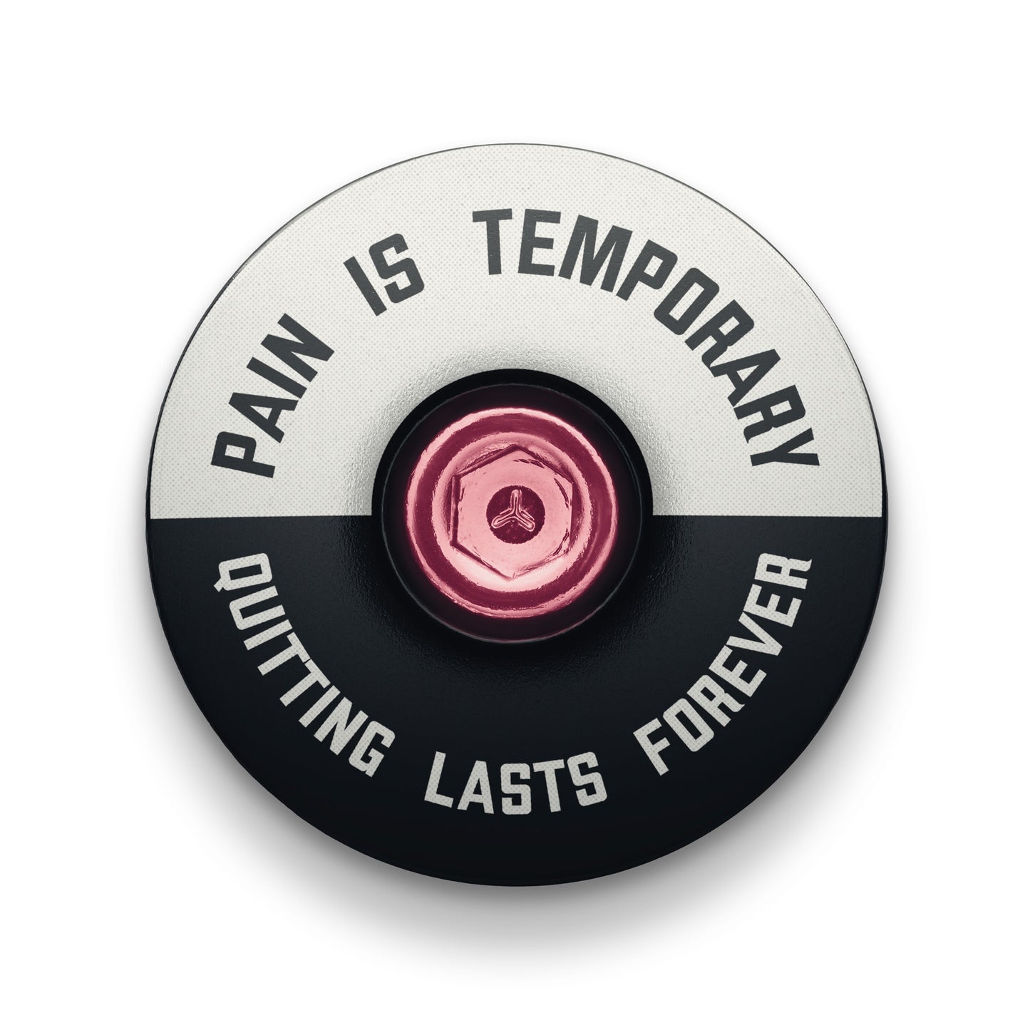 Black bicycle headset cap with "Pain is Temporary" design for 1 1/8" steerer tubes.