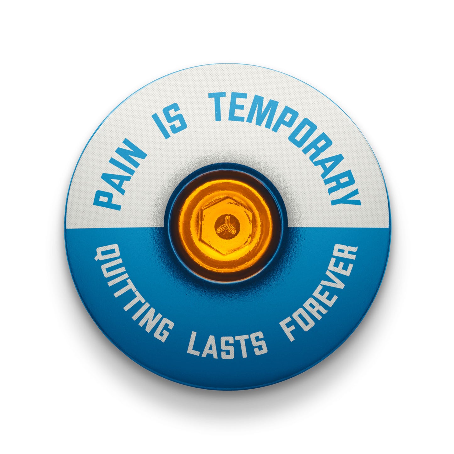 Blue bicycle stem cap engraved with "Pain is Temporary" design