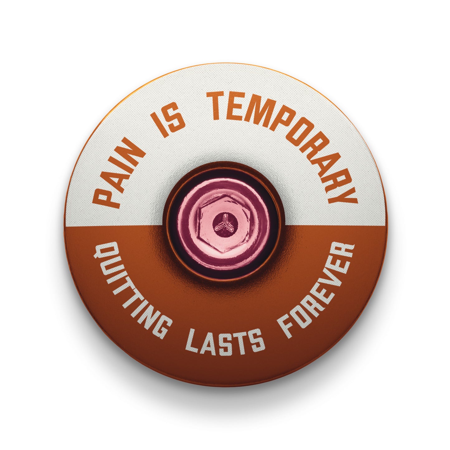 Brown bicycle equipment headset cap with a motivational design.