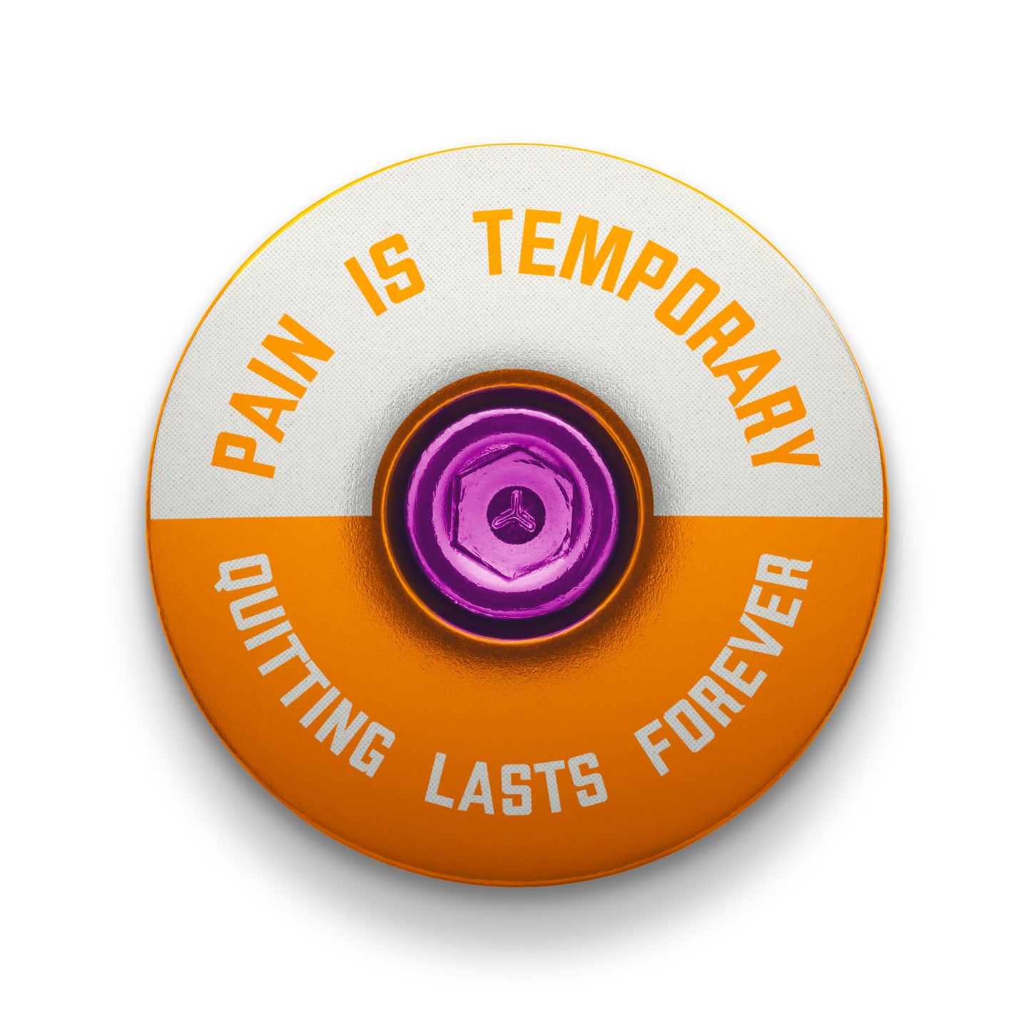 Gold mountain bike stem cap with motivational design.