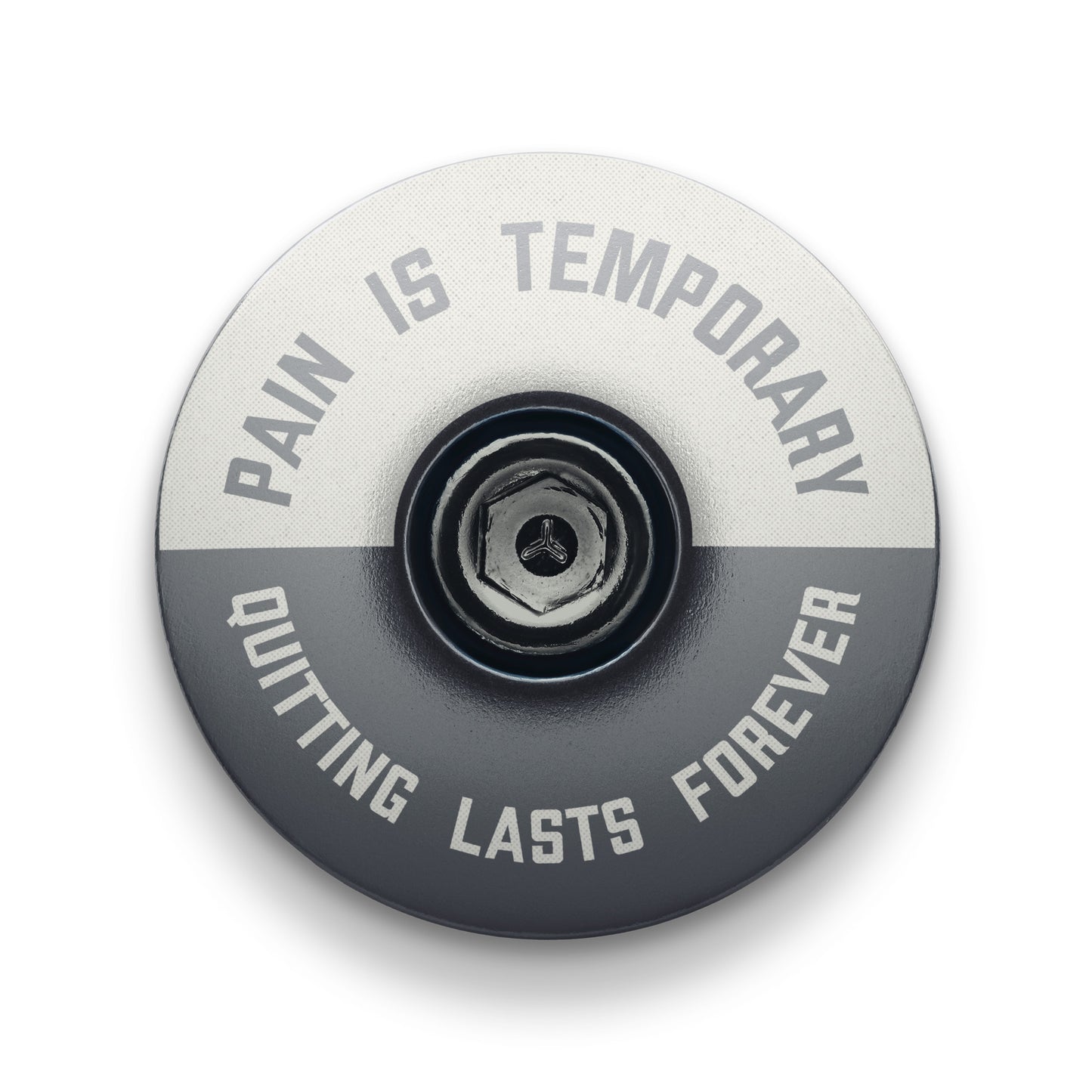 Gray top cap for bikes with the "Pain is Temporary" design