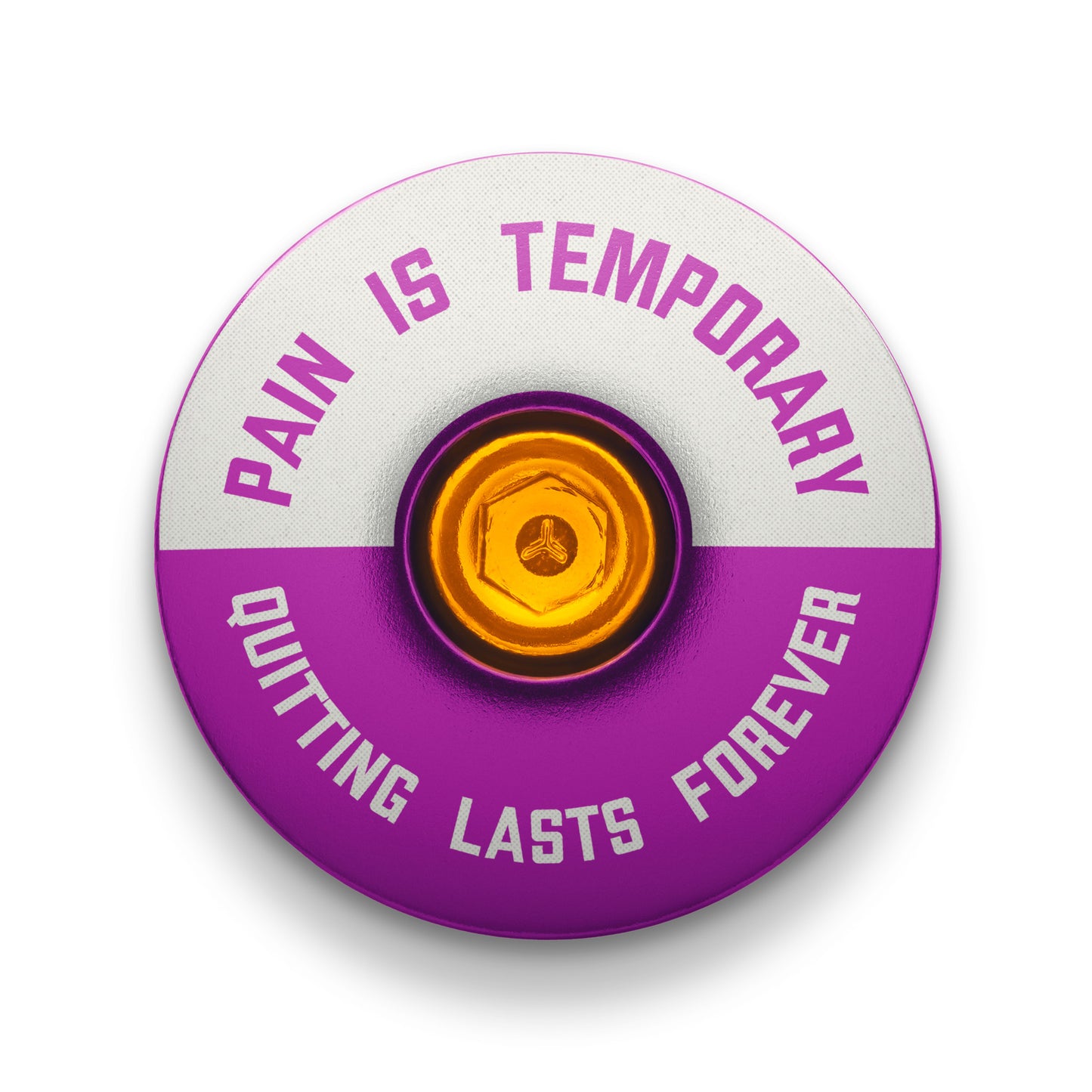 Purple bike stem cap with the "Pain is Temporary" design.