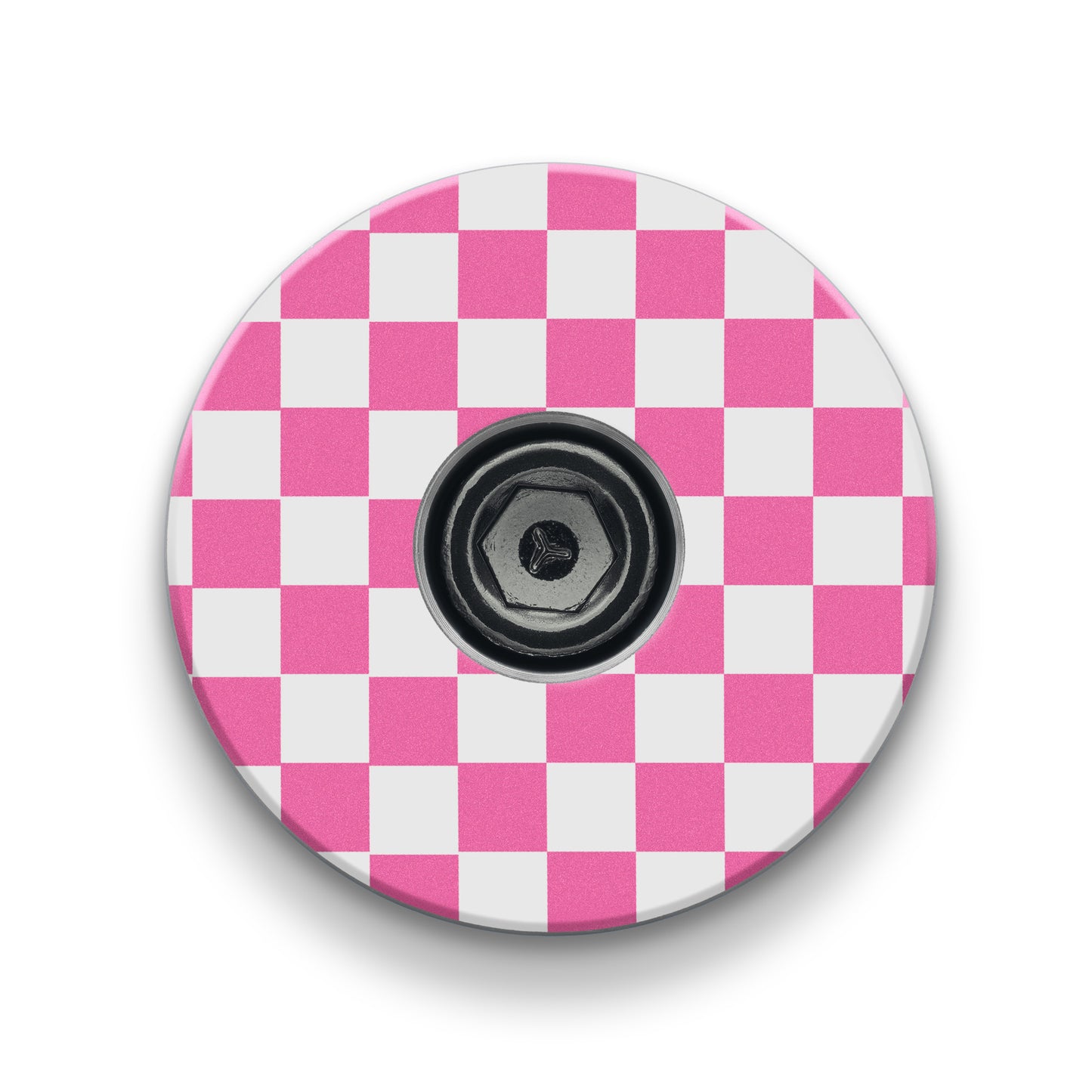 Pink stem top cap with a vibrant UV-printed checkerboard design for stylish bike headset upgrades