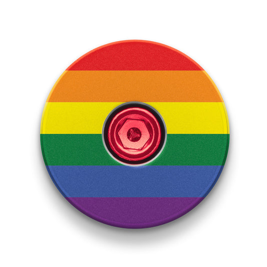 Rainbow Pride Flag Bicycle Headset Cap with UV-printed pride flag pattern for 1 1/8-inch steerer tubes.