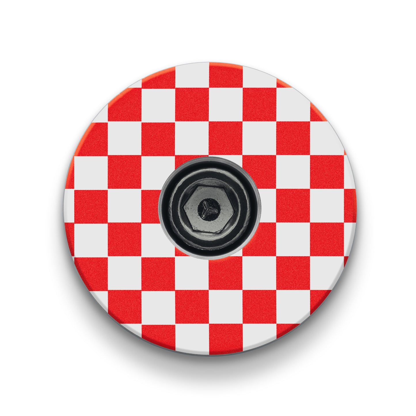 Red mountain bike stem cap with a bold checkerboard design for personalized bike components
