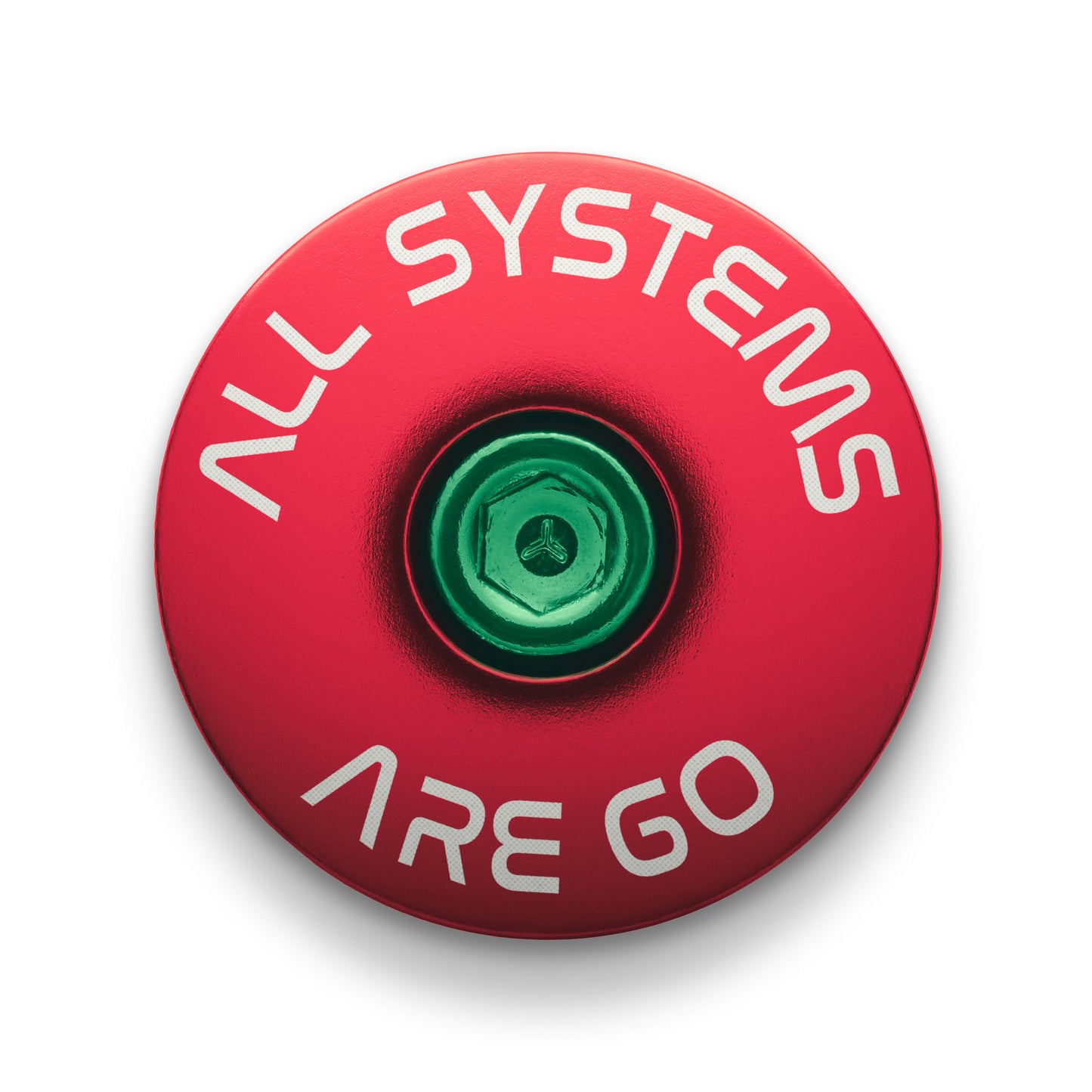 Red custom headset cap with stylish "All Systems Are Go" engraving for bicycles.