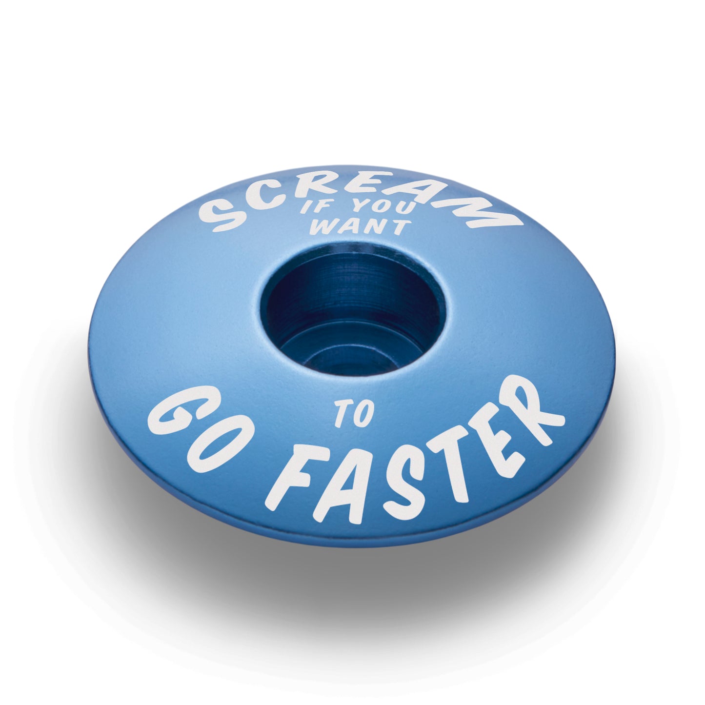 Blue bicycle stem cap made from durable 6061 aluminum, perfect for custom bike components and personalization.